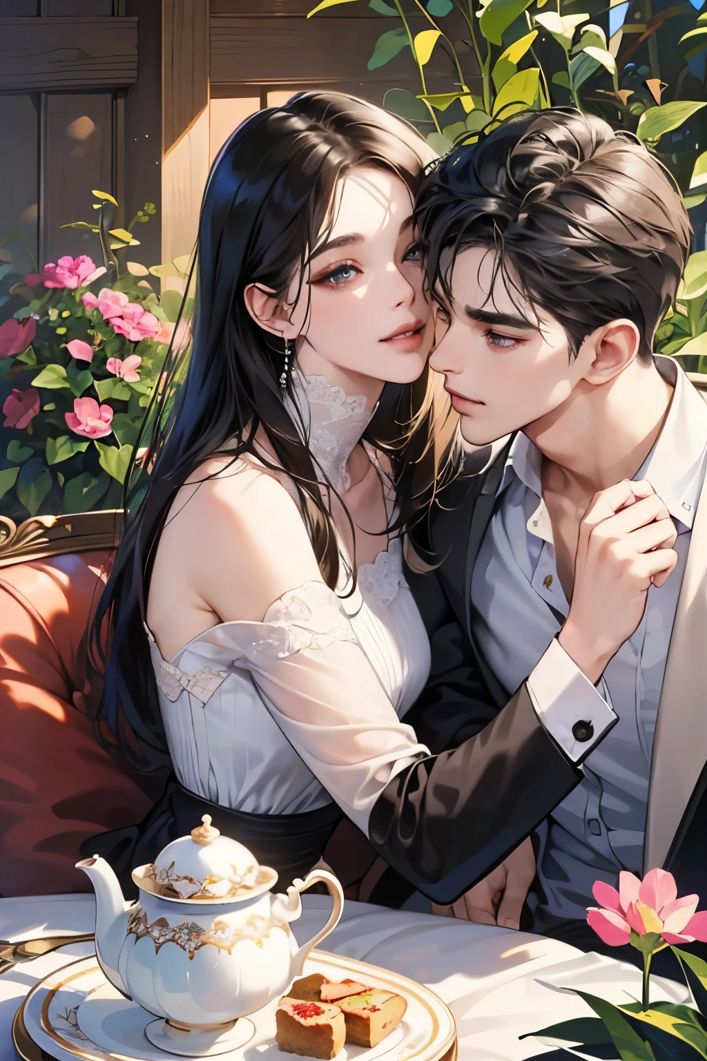 (table top, digital art, digital illustration, 4k, 8k, super detailed, beautiful images, clear image, realistic, RAW photo, perfect face, perfect lines, perfect eyes, soft lighting) ,1 female, (long black hair,straight hair,bullish look,beautiful woman,grace,Make up well,23 is a novel,:1.3),Two handsome men in suits, (human,muscular,solid shoulder width, mens,boyish hairstyle,british gentleman&#39;s style,A man in his 30s with a cool expression,28 year old man with a bright smile:1.2),Show your white teeth and smile(embarrassing,shy smile:1.1),garden full of light、squirt、resort sofa、colorful flowers、innocent smile,smile、couple kissing、kiss、the kiss、romance、Afternoon tea、lunch