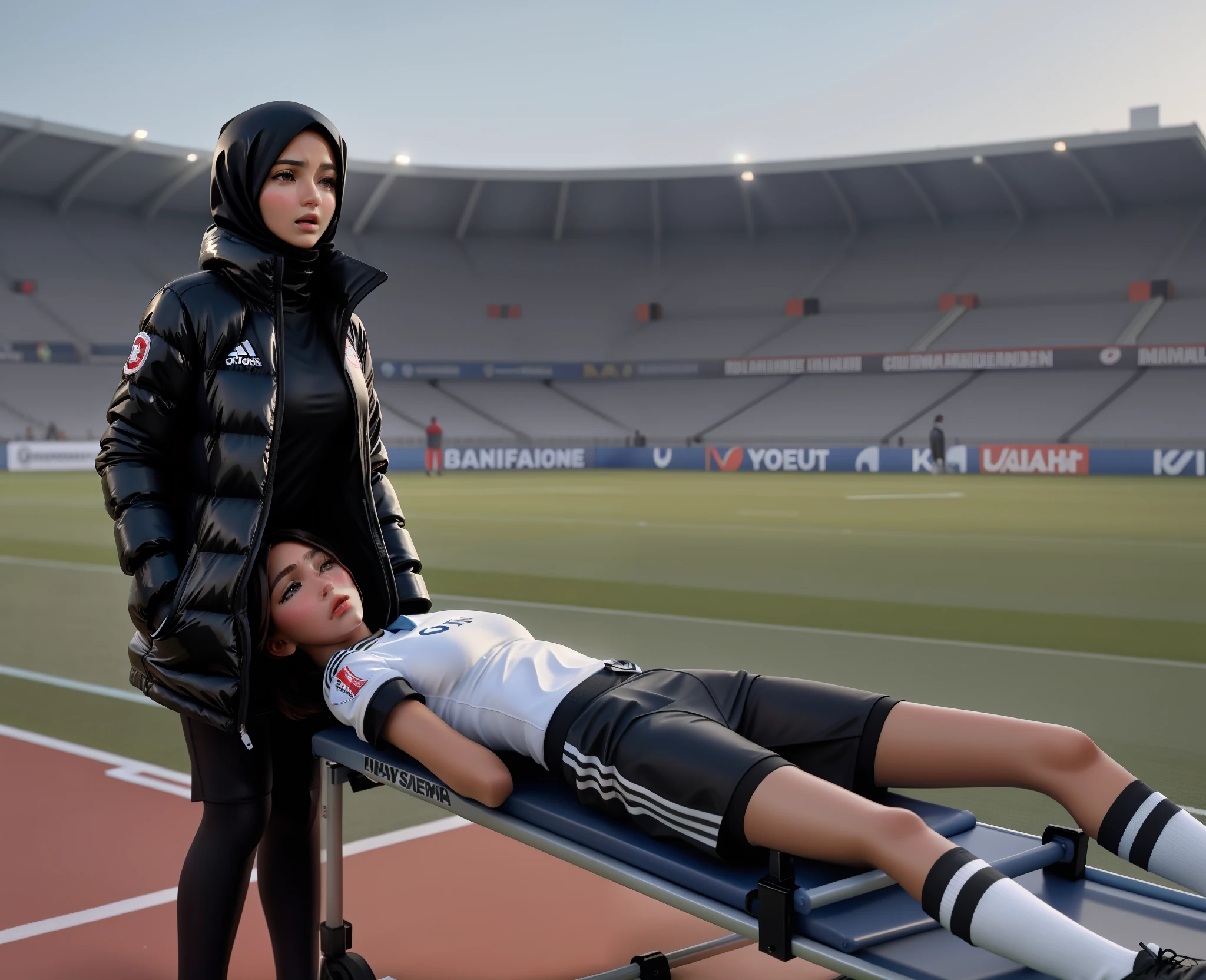 a man on a stretcher, a muslim woman is wearing a laquered Moncler downcoat made from very shiny patent fabric, lacquered and very shiny Moncler down coat, Woman in hijab carrying a man on a soccer field, Realistische Szene, realistische Aufnahme, Ein hyperrealistisches, Detaillierte Szene, a very smooth and very shiny and very glossy padded Moncler down coat, His hands cover his face, The man held his hands in front of his face, Both hands are in front of his face, Bald man on a stretcher, die von einer Frau getragen wird, Gargling woman in shiny black plastic coat in front of us with angry face and extremely horrified and desperate expression on her face from right to left across the football field, Frau, who wears a stretcher in a horizontal orientation, on which lies an injured footballer in dull and dusty blue sportswear, The footballer lies sideways on the stretcher, the legs slightly bent and the upper body turned towards us, and has both arms bent and his hands in front of his face, The footballer's head on the stretcher lies close to the women's deep black plastic coat and is covered by the footballer's arms and hands, The footballer in the Cotton Sportswear mat has his hands clasped in front of his face in pain, eine Aura des Schmerzes und der Traurigkeit ausstrahlend, The beautiful woman in the shiny black plastic coat carries the injured soccer player on the stretcher, which she carries across the soccer field in front of our eyes, In the background you can see the occupied stands of a football stadium, A football match in Italy, Sportverletzung, Transport auf der Trage, Jennifer Lopez, high res photo, Ultra-realistisches Foto, Fotorealistische Aufnahme, Super high-resolution and sharp photo, Shiny black plastic burqa, Bester Schuss, Beeindruckendes Gewinnerfoto, realistische Aufnahme, Perfekter Schuss, verletzt, Intensiver Moment, 📷