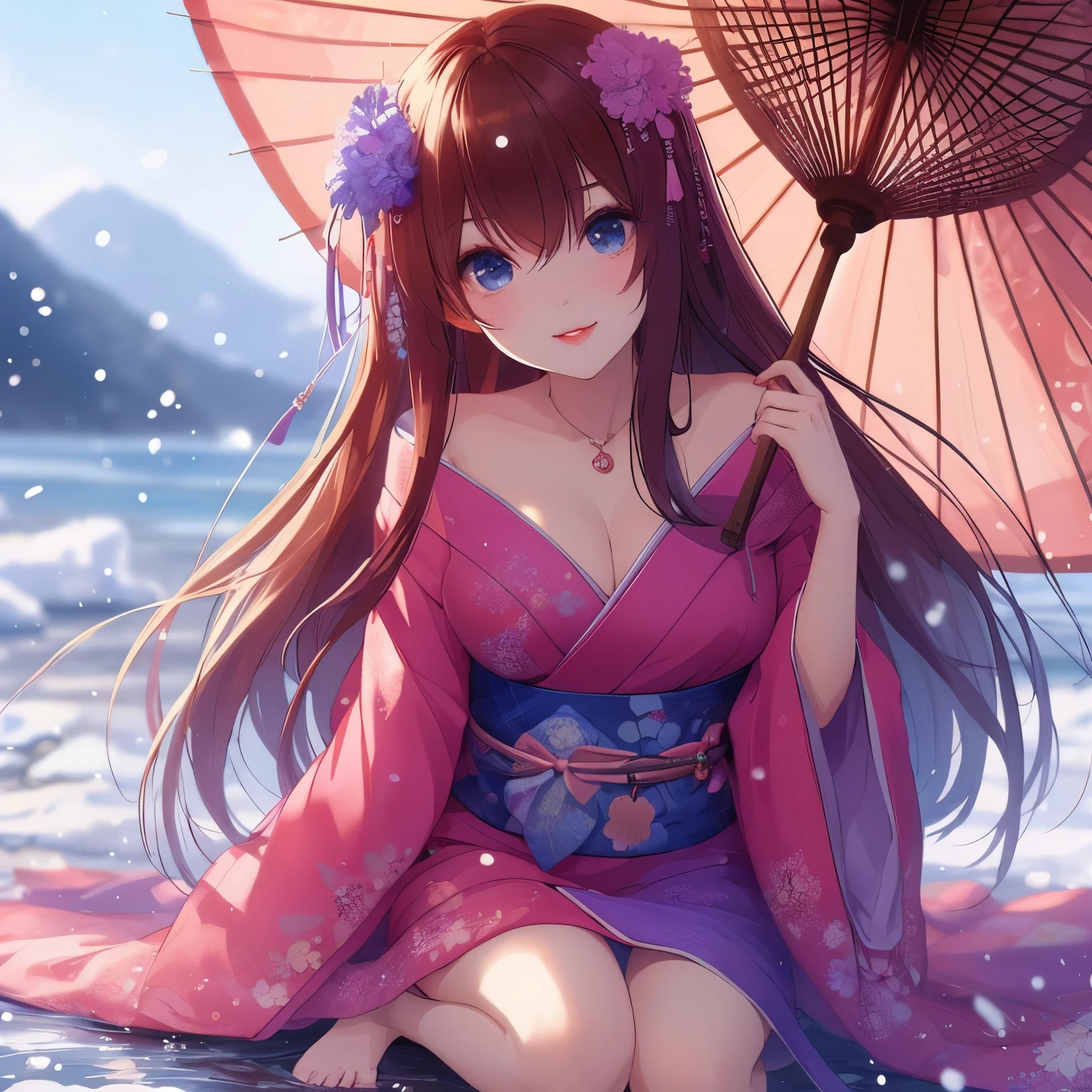 anime girl in kimono outfit sitting on the beach with umbrella, beautiful anime girl, Beautiful anime woman, pretty anime girl, Beautiful anime, anime style 4k, cute anime girl, Cute anime waifu wearing beautiful clothes, attractive anime girl, seductive anime girl, Beautiful anime portrait, Beautiful anime style, anime girl, Beautiful anime artwork, Beautiful charming anime woman