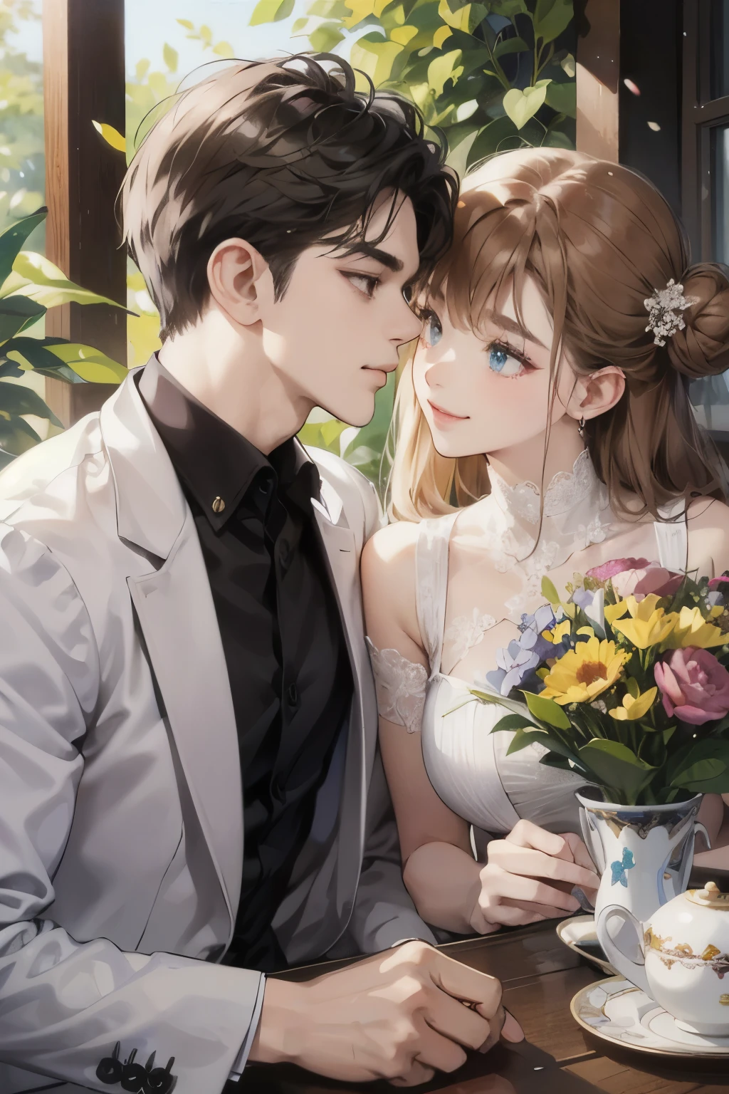 (table top, digital illustration, 4k, 8k, Super detailed, beautiful images, clear image, perfect face, perfect lines, perfect eyes, soft lighting) 1 female, (light brown hair,bun hair,innocent look,droopy eyebrows,droopy eyes、With a round face,round chin、innocence,cute,Big eyes,natural makeup,smile gently,E cup,23 years old:1.3),Two handsome men in suits, (human,man in suit,muscular,solid shoulder width, boyish hairstyle,A man in his 30s with a cool expression,28 year old man with a bright smile:1.2),garden full of light、lots of flowers、Squirting、colorful flower light,(embarrassing,shy smile:1.2),resort sofa,kiss、カップルkiss、romance porn、couple of man and woman looking at each other、In battle、Afternoon tea、lunch