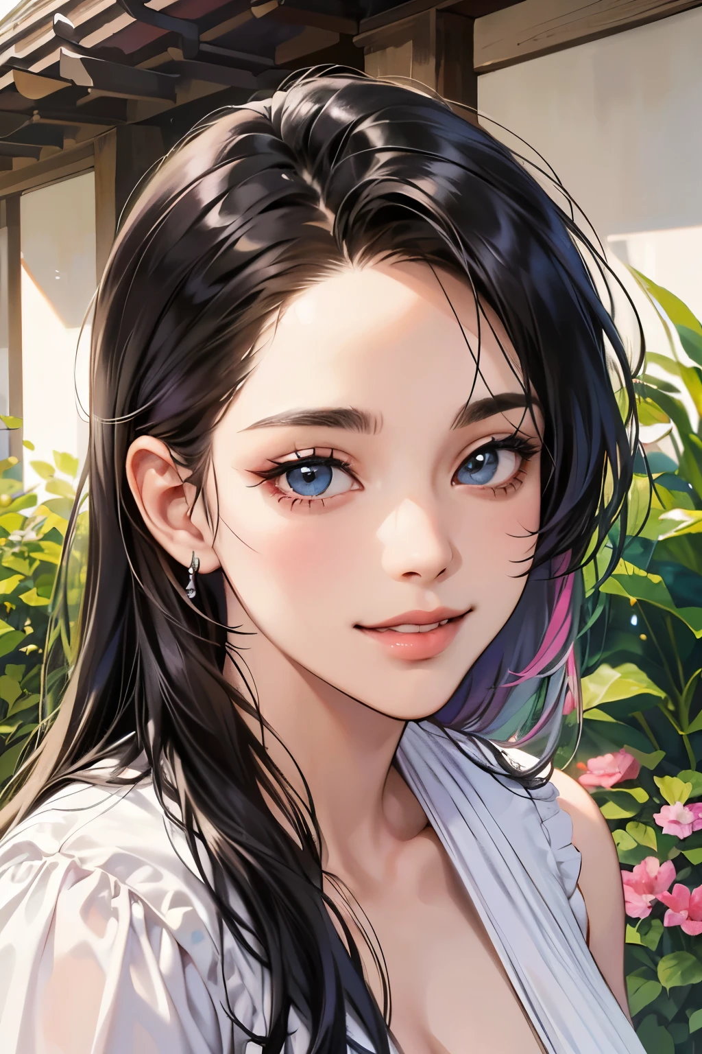 (table top, digital art, digital illustration, 4k, 8k, super detailed, beautiful images, clear image, realistic, RAW photo, perfect face, perfect lines, perfect eyes, soft lighting) ,1 female, (long black hair,straight hair,bullish look,beautiful woman,grace,Make up well,23 is a novel,:1.3),Two handsome men in suits, (human,muscular,solid shoulder width, mens,boyish hairstyle,british gentleman's style,A man in his 30s with a cool expression,28 year old man with a bright smile:1.2),Show your white teeth and smile(embarrassing,shy smile:1.1),garden full of light、squirt、resort sofa、colorful flowers、innocent smile,smile、couple kissing、kiss、the kiss、romance、Afternoon tea、lunch
