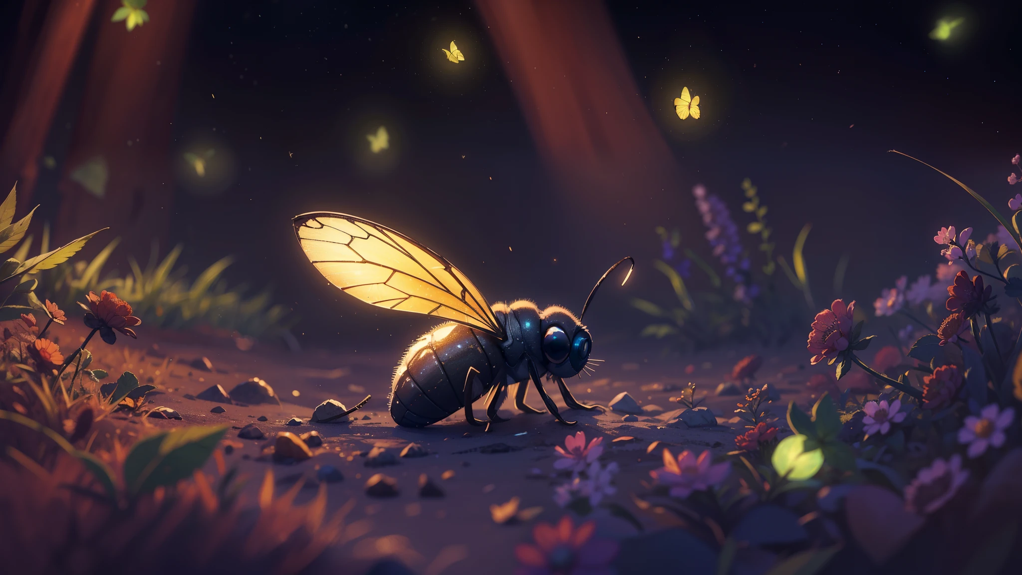 (a lonely scene),(best quality,highres),(realistic:1.37),a tiny firefly named Flick,inside,alone,huddled in a burrow,limited light, flickering dimly,compared to other fireflies,dark and cozy background,soft glow,a sense of isolation and solitude,warmth in the darkness,dust particles floating in the air,muted color palette,gentle and delicate details
