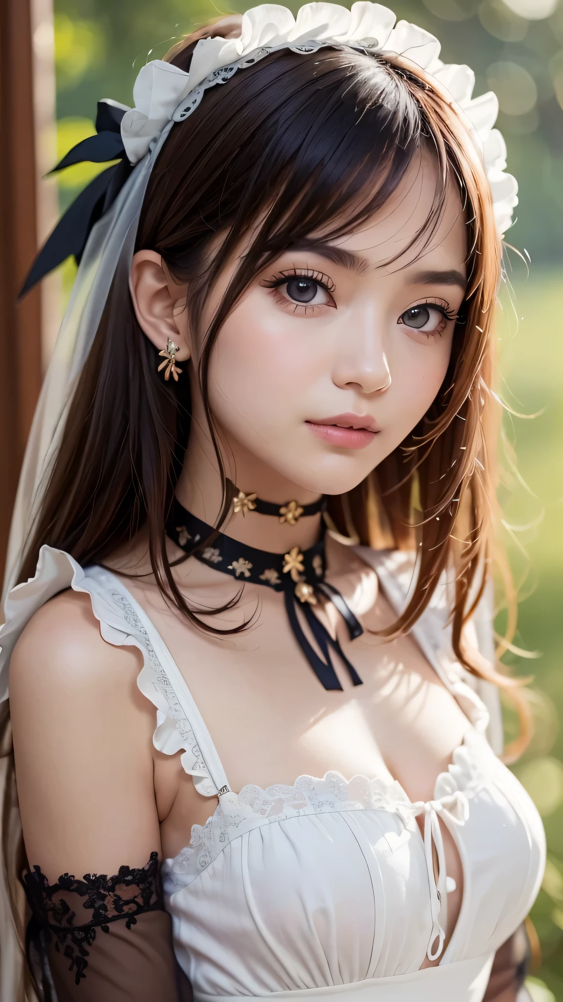 Beautiful white and shining skin、Chestnut hair that changes depending on the light、Long bangs between the eyes that obstruct the view、Cheek gloss highlights、Sexy and very beautiful nice gorgeous face、the most beautiful face in the world、short bob、Smooth straight hair、medium breasts、Big and bright eyey eyes are shining、beautiful bangs、Beautiful and beautiful woman、small face beauty、headdress、white blouse、black ribbon、ruffle skirt、puff sleeves、collar、choker、white apron with fine frills、black maid costume、