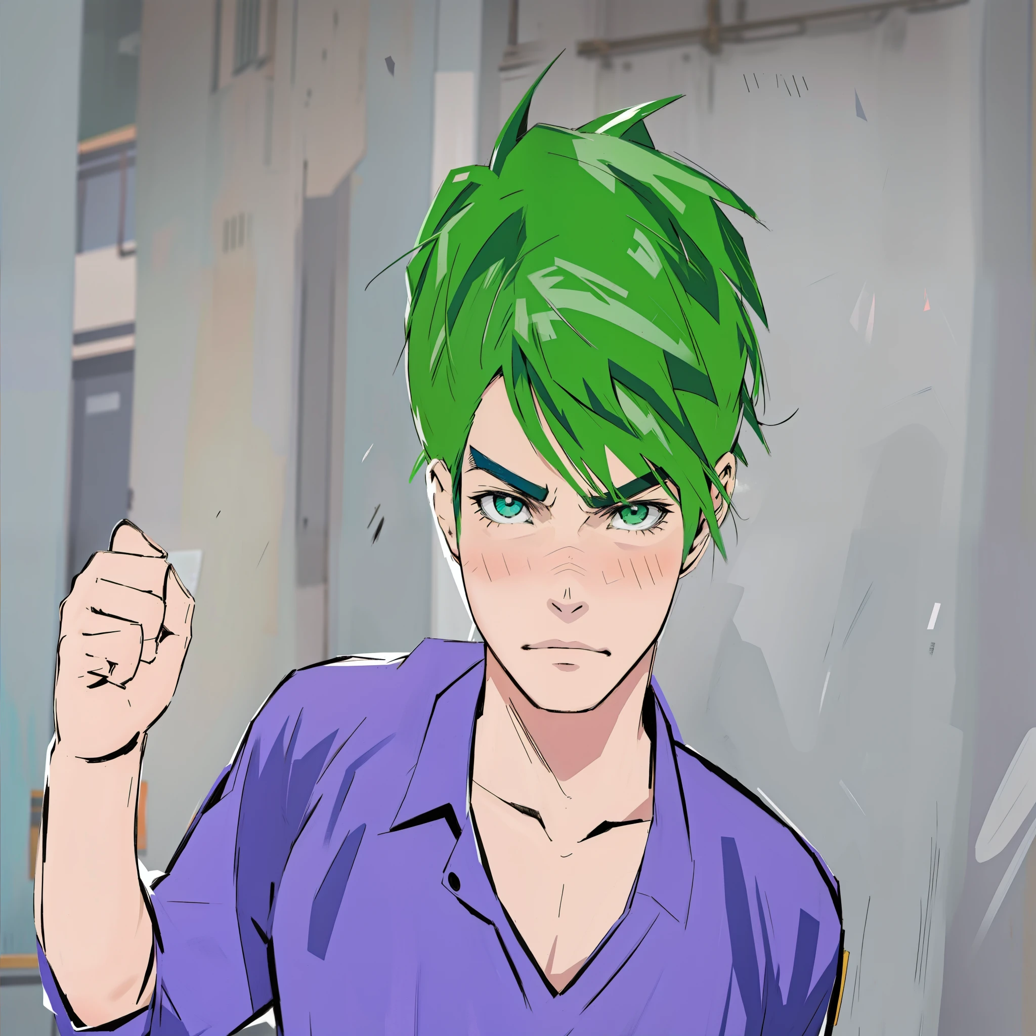 hay un dibujo de un hombre con cabello verde y una camisa morada, estilo anime jojo, tono de pantalla coloreado, mirada enojada, En estilo anime, en un estilo anime, el bromista se parece a naruto, dibujado con photoshop, Parecer enojado, en estilo manga, epic comic style, mirada enojadaing, angry and pointing, estilo anime 2d, pelo verde corto y despeinado