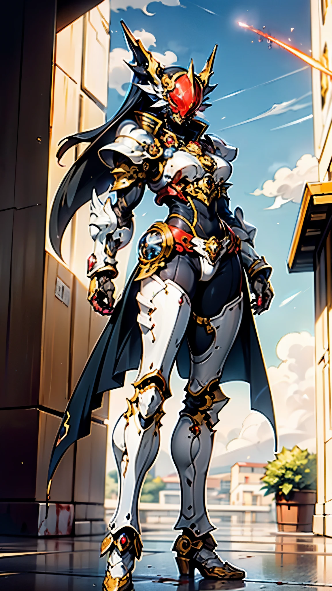 A woman adorned in fantasy-style full-body armor, a crown-concept fully enclosed helmet that unveils only her eyes, a composite layered chest plate, fully encompassing shoulder and hand guards, a lightweight waist armor, form-fitting shin guards, the overall design is heavy-duty yet flexible, ((the armor gleams with a golden glow, complemented by red and blue accents)), exhibiting a noble aura, she floats above a fantasy-surreal high-tech city, this character embodies a finely crafted fantasy-surreal style armored hero in anime style, exquisite and mature manga art style, (Queen bee mixed with Spider concept Armor, plasma, blood), ((Element, energy, elegant, goddess, femminine:1.5)), metallic, high definition, best quality, highres, ultra-detailed, ultra-fine painting, extremely delicate, professional, anatomically correct, symmetrical face, extremely detailed eyes and face, high quality eyes, creativity, RAW photo, UHD, 32k, Natural light, cinematic lighting, masterpiece-anatomy-perfect, masterpiece:1.5