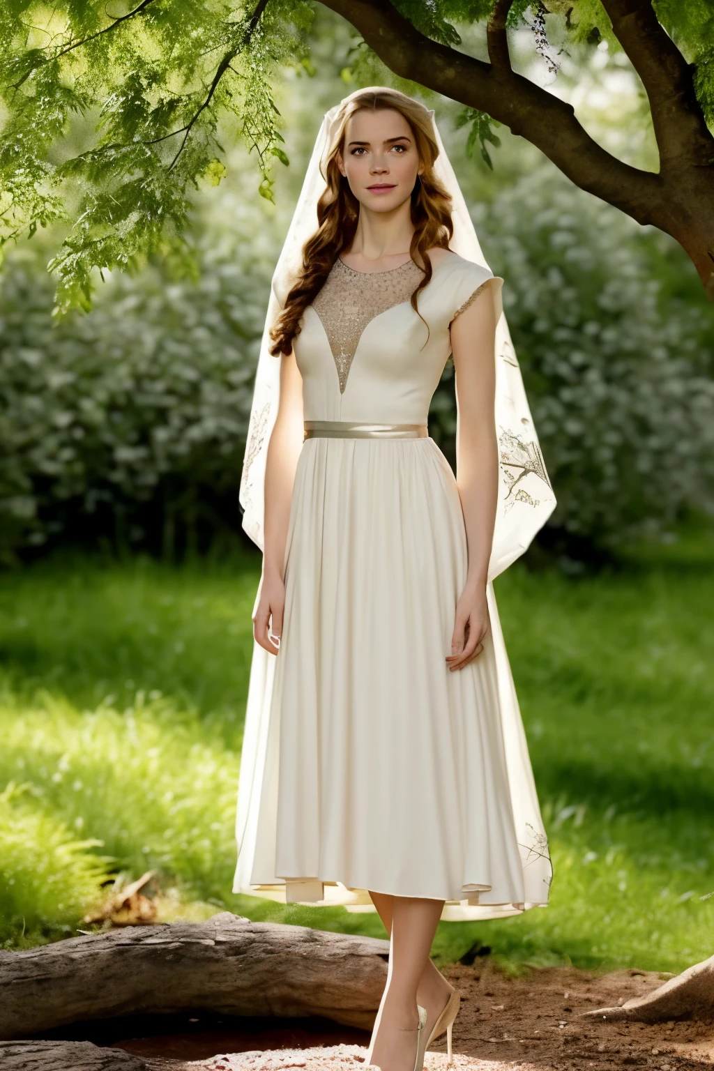 arafed woman in a white dress standing in front of a tree, Galadriel in Lothlórien, galadriel, of elven queen galadriel, cate blanchett as galadriel, scene where she is in rivendell, galadriel from lord of the rings, elven princess, emma watson as galadriel, elven
