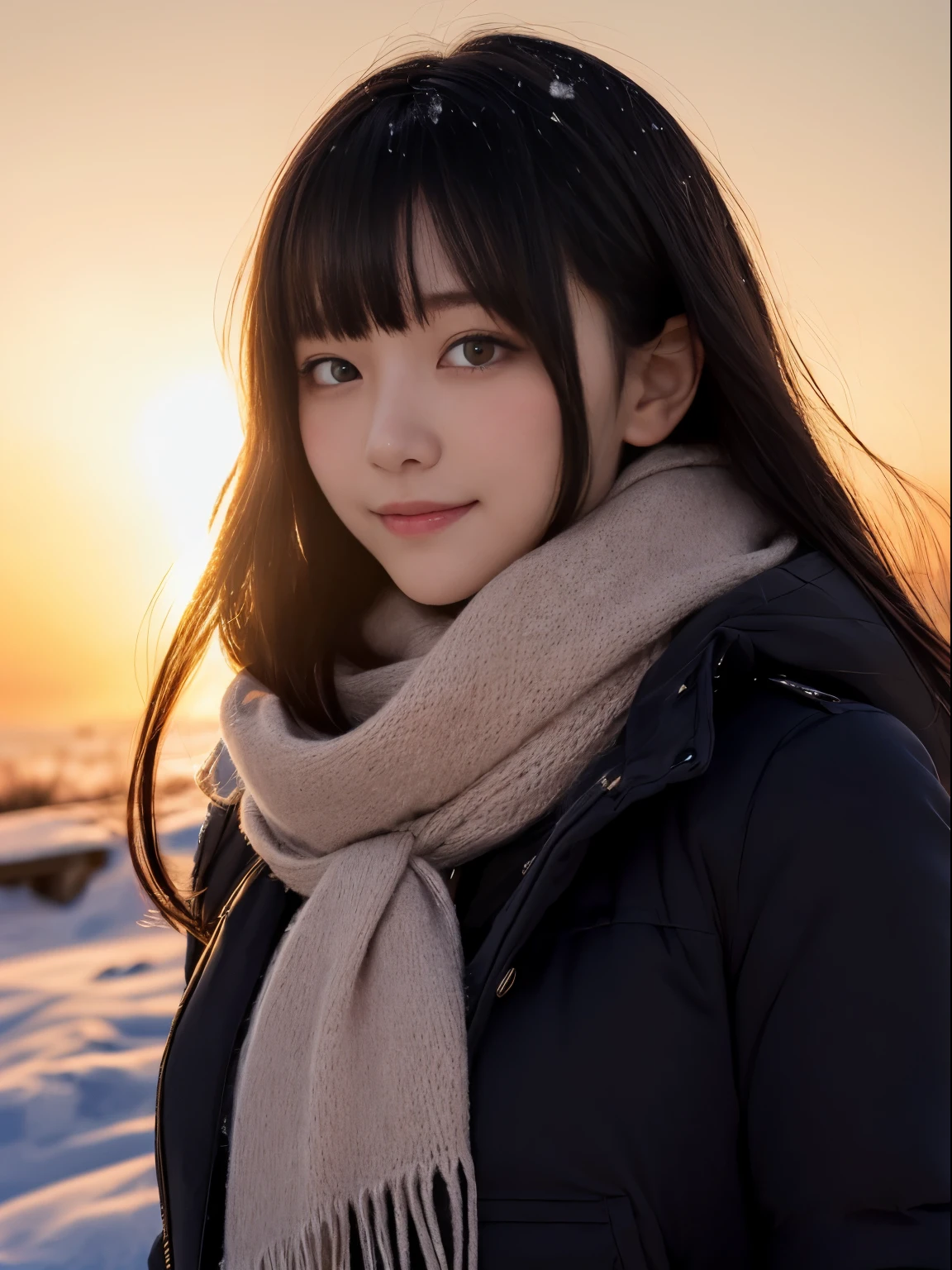 (Dressed in winter uniform with winter coat and scarf、Close up focus on the face of a slender girl with long hair with blunt bangs :1.5)、smiling girl:1.5)、Scarf、light shines on your face、(Girl's hair fluttering in the wind:1.5)、(Beautiful snowy sunset red sky:1.5)、(no mask:1.3)、(full finger:1.3)、realistic、High resolution, delicate and beautiful、perfect face、detailed and beautiful eyes、Fair skin、real human skin、pores、((thin legs))、(black hair)、Stylish and beautiful legs