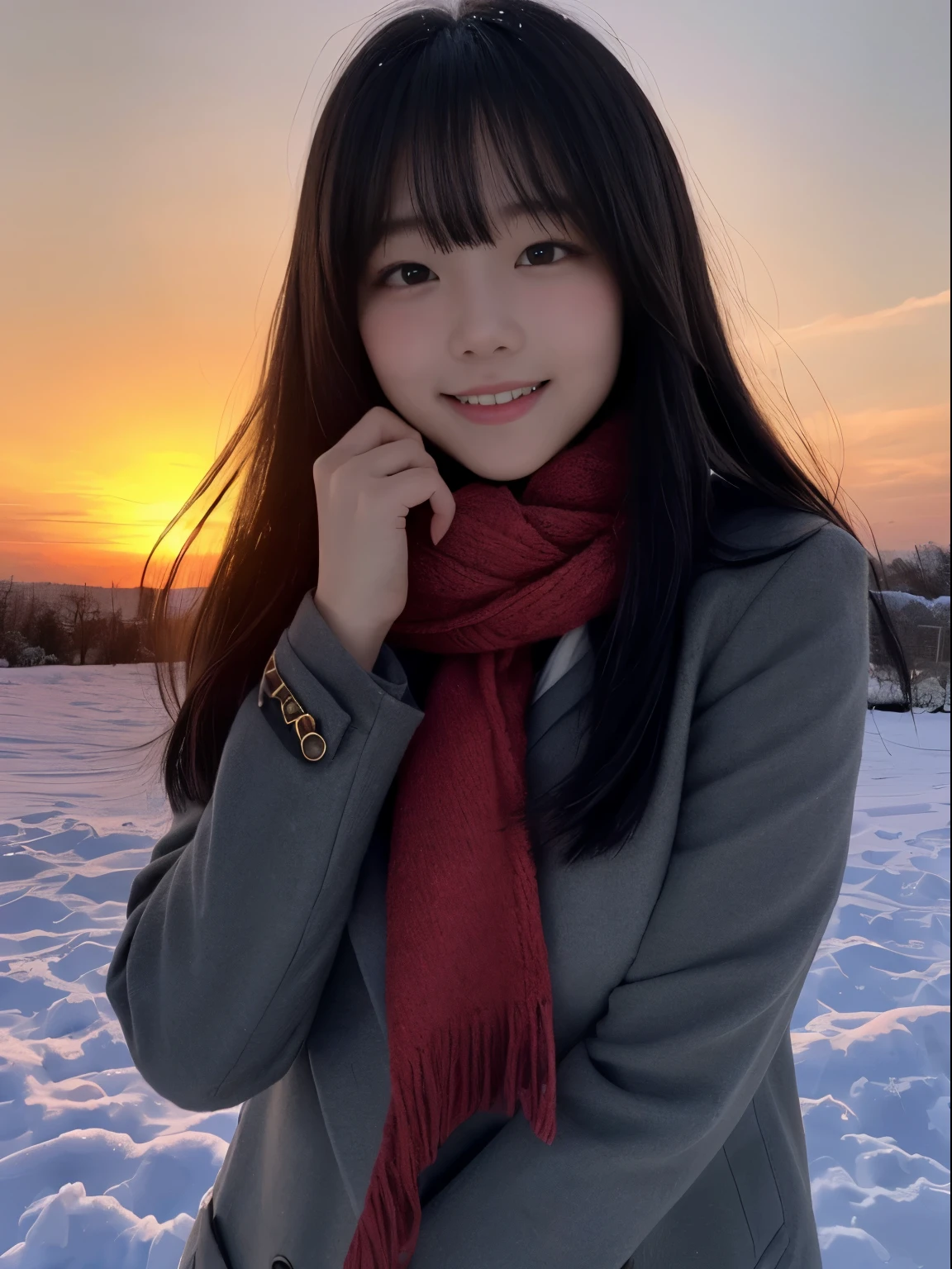 (Dressed in winter uniform with winter coat and scarf、Close up focus on the face of a slender girl with long hair with blunt bangs :1.5)、smiling girl:1.5)、Scarf、light shines on your face、(Girl's hair fluttering in the wind:1.5)、(Beautiful snowy sunset red sky:1.5)、(no mask:1.3)、(full finger:1.3)、realistic、High resolution, delicate and beautiful、perfect face、detailed and beautiful eyes、Fair skin、real human skin、pores、((thin legs))、(black hair)、Stylish and beautiful legs