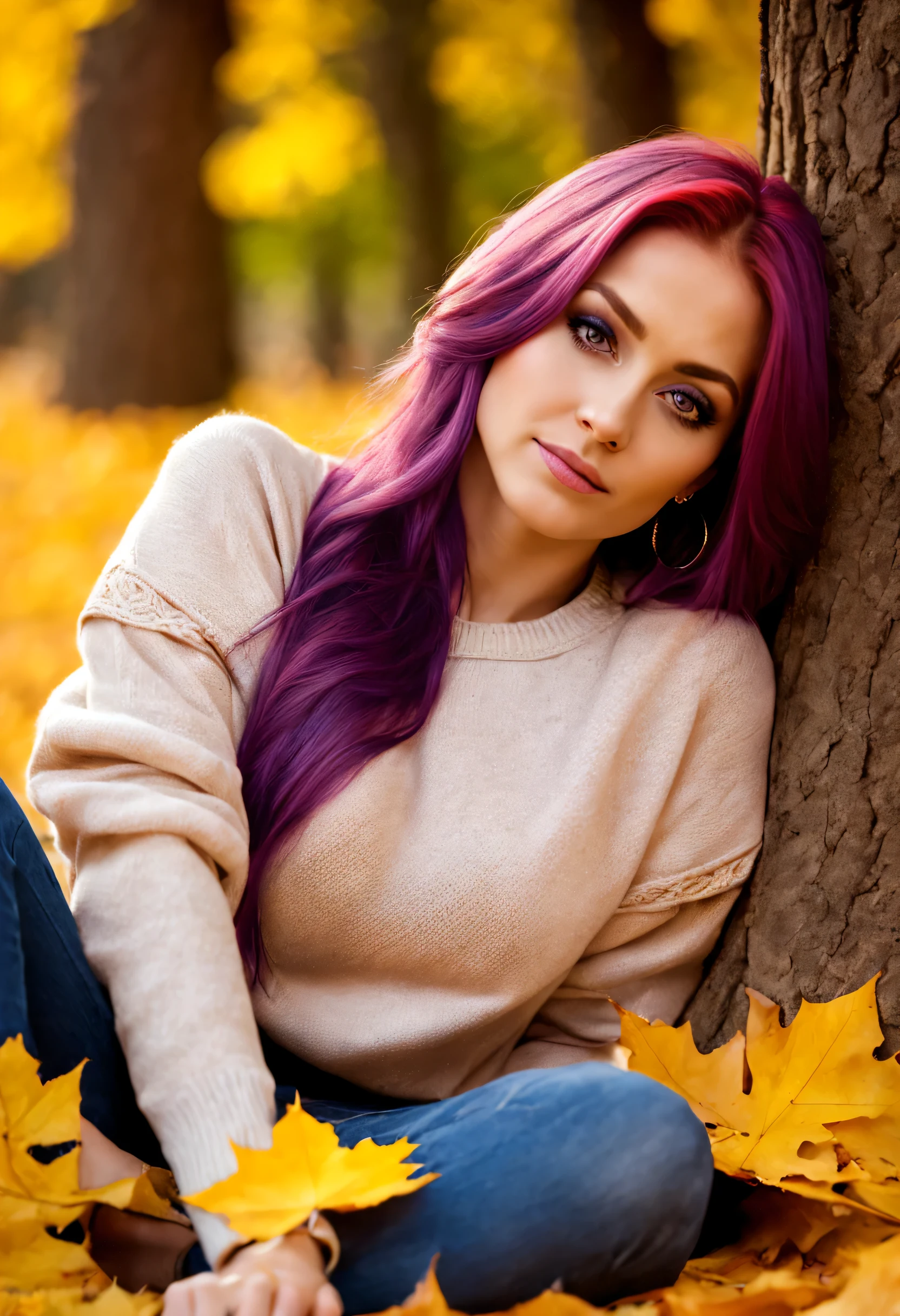 
Vesna, park, a warm sweater, blue jeans, raw photo of a girl, long hair, bright purple hair color, big breasts, slight smile, detailed skin, пора Vesna, restrained, A girl lies under a tree on a blanket, yellow leaves near the tree 
