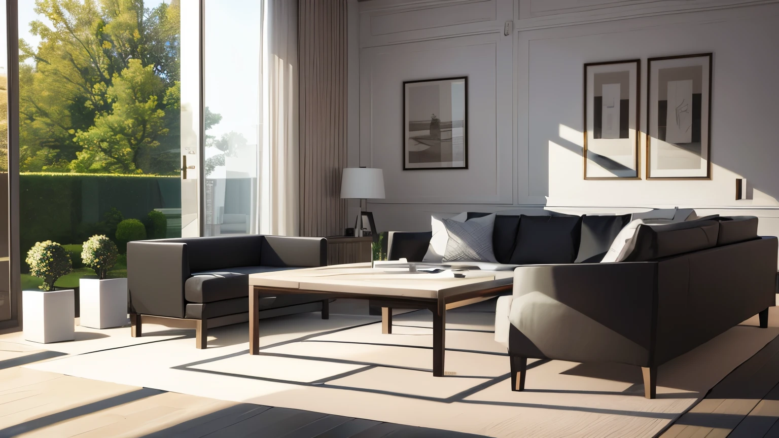 you are a famous interior designer、I was asked to create a 3D image of a large modern room.。. Create a harmonious environment with modern and minimalist furniture. Including garden interior.