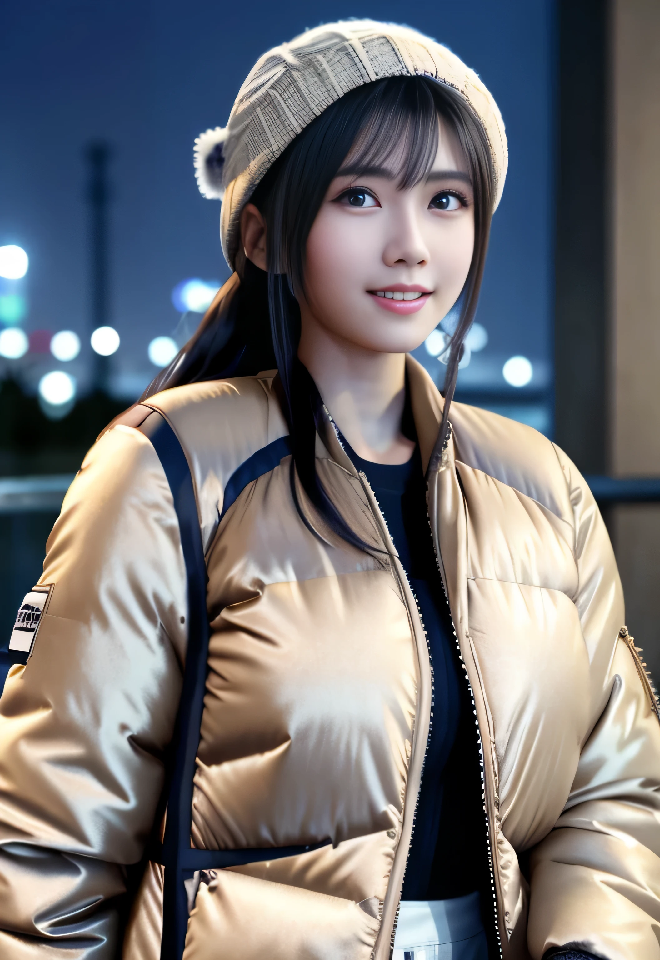 8k, highest quality, table top:1.2), (realistic, Photoreal:1.37), highest quality, table top, beautiful young woman, Japanese, , blue eyes, smile, Charm、and an inviting look、big breasts, ((Beige down jacket:1.4)), knit hat、braided twin tails, cinematic background, bright skin tone、night city background