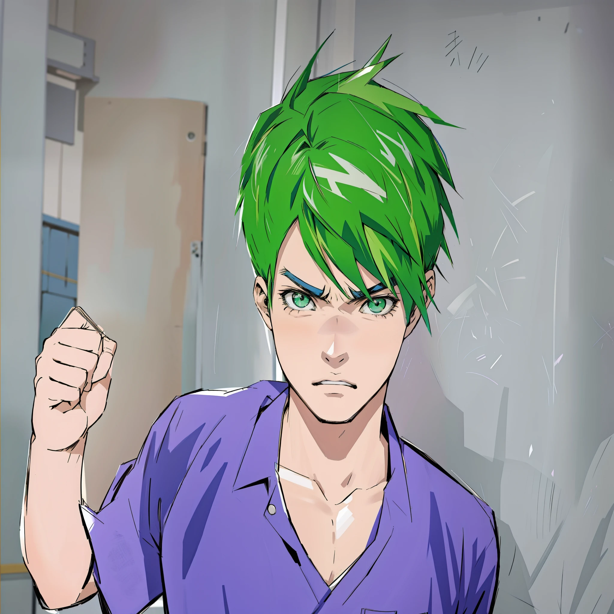 There is a drawing of a man with green hair and a purple shirt, estilo anime jojo, tono de pantalla coloreado, mirada enojado, En estilo anime, en un estilo anime, el bromista se parece a naruto, dibujado con photoshop, Parecer enojado, en estilo manga, epic comic style, mirada enojadaing, angry and pointing, estilo anime 2d, pelo verde corto y despeinado, diferentes expresiones en la boca grita