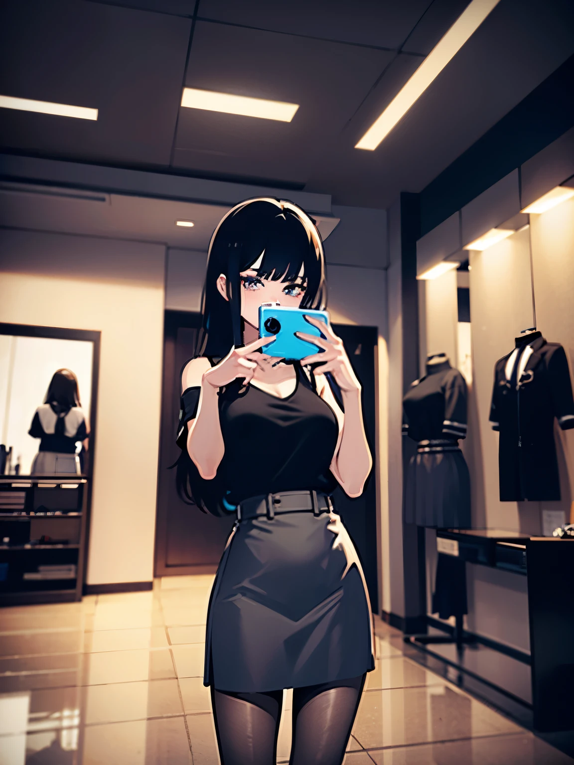 a bitch standing and taking selfie in front of mirror by using her iphone, wearing black top and grey skirt, inside a fashion shop