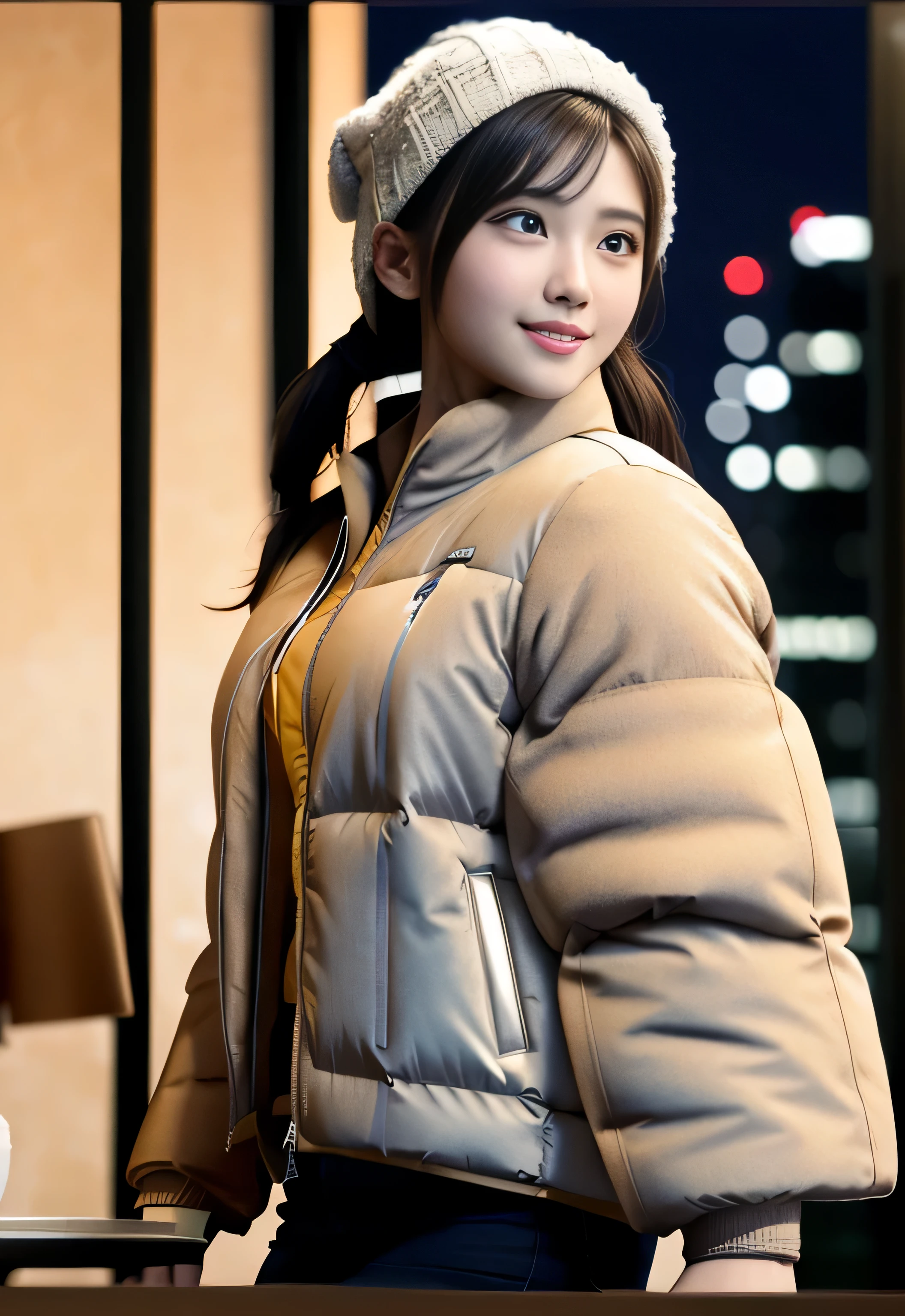 8k, highest quality, table top:1.2), (realistic, Photoreal:1.37), highest quality, table top, beautiful young woman, Japanese, 15 years old, blue eyes, smile, Charm、and an inviting look、big breasts, ((Beige down jacket:1.4)), knit hat、braided twin tails, cinematic background, bright skin tone、night city background
