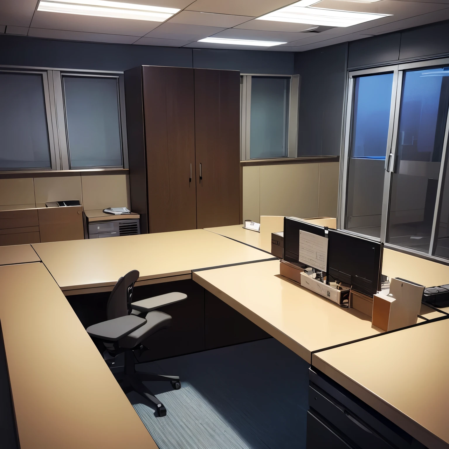 ((highest quality)), ((masterpiece)), (cinematic aesthetic:1.4)background,No person,office内,computer,office,simple,タワービルのoffice