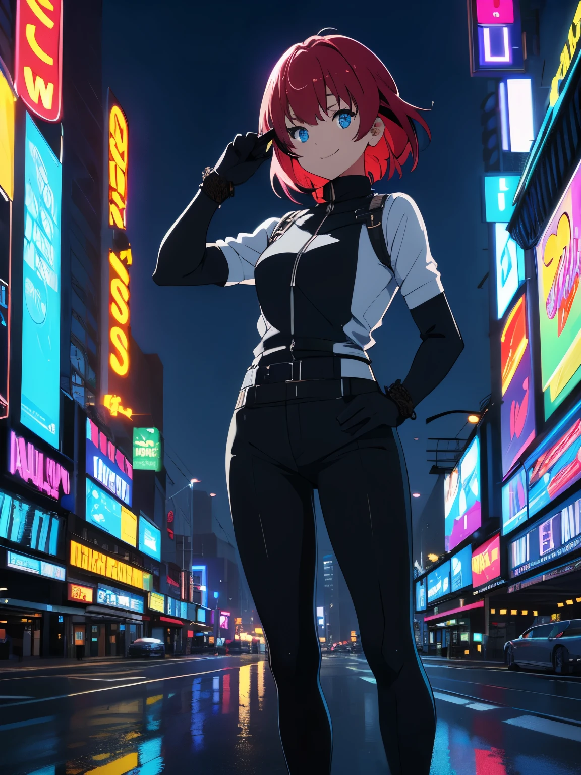 sexy man (masterpiece),(super detailed:1.1),(alone:1.2),(blue eyes:1.3),(short bright red hair),(round face), smile,(black swordsman costume), (black gloves:1.1),(red flowers:0.5),(highly detailed beautiful eyes, highly detailed skin, bright and glowing skin:1,1), (fitness body),(night view fantasy:1.1),(physical rendering, professional lighting, photon mapping, radio city, soft light, lens reflection: 1.3), tint color, anime