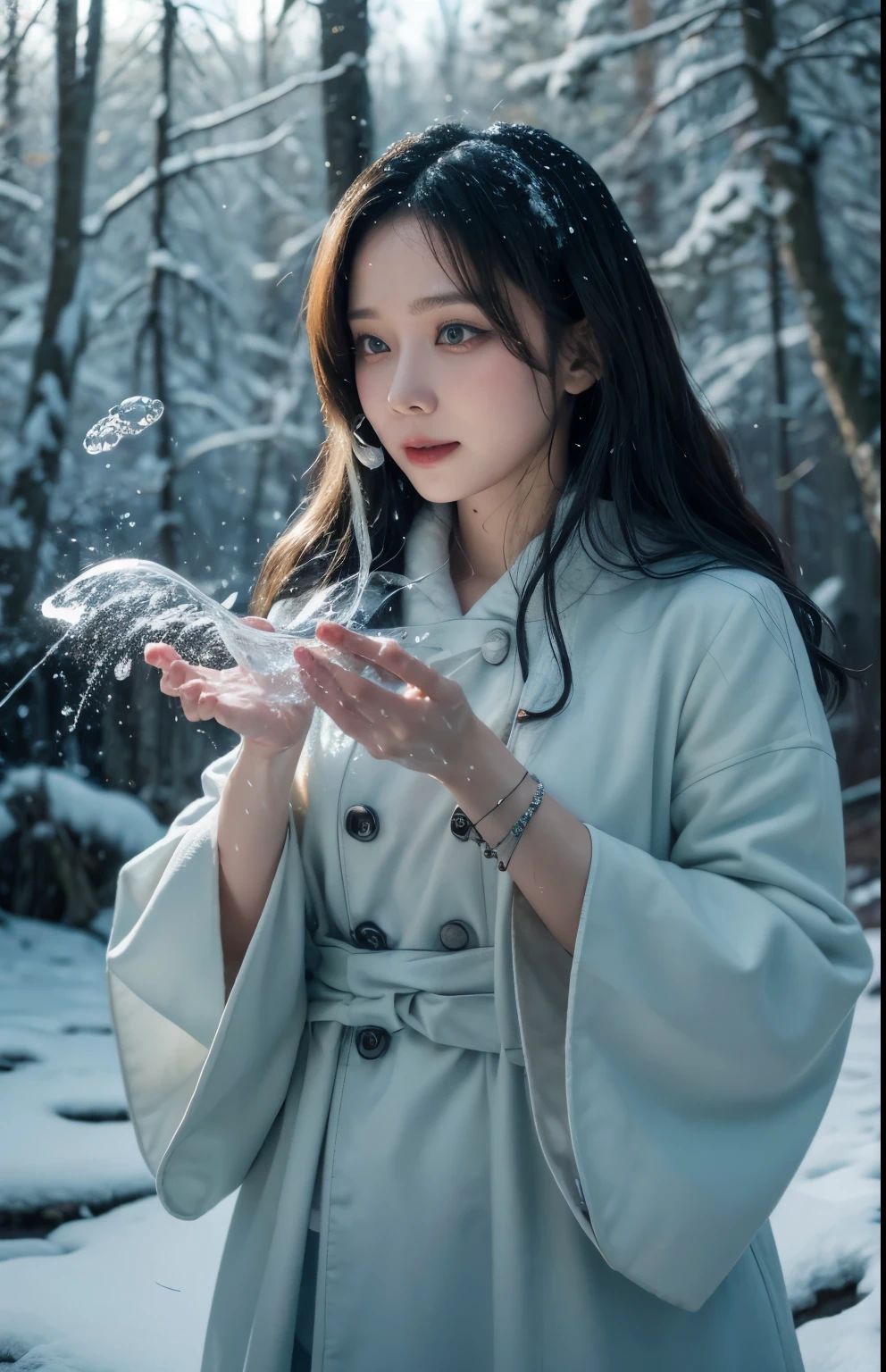 a girl in snowy fluffy clothes, in a snowy forest, with a long wavy black hair, waterbending, playing with water, magic water, water floating, avatar, happy, a lot of water, floating water magic, holding a liquid, in style of cyril rolando, emanating magic from her palms,