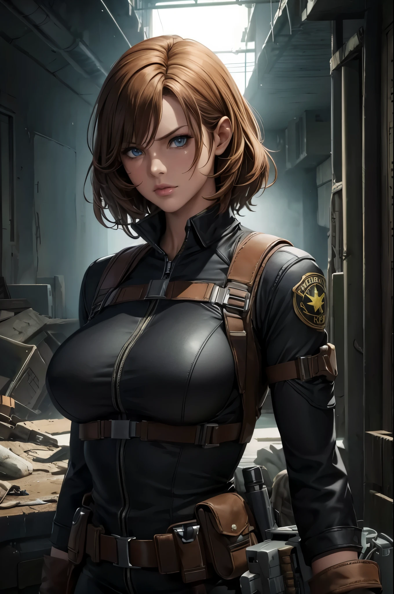 super fine illustration, ultra high resolution, masterpiece, highest quality, perfect dark skin, perfect lighting, detailed lighting, dramatic shadow, ray tracing, 1 beautiful white milf, looking at the viewer, small breasts, exposed cleavage, beautiful detailed hazel eyes, sharp face, clear eyes, long bang, ((medium curly blond hair:1.2)), ((desert:1.2)), background with jeep, battle of desert, combat helicopter, explosive flame, ((Upper body:1.2)), battle suit, military harness, Alice Abernathy - Resident Evil Series, Milla Jovovich,