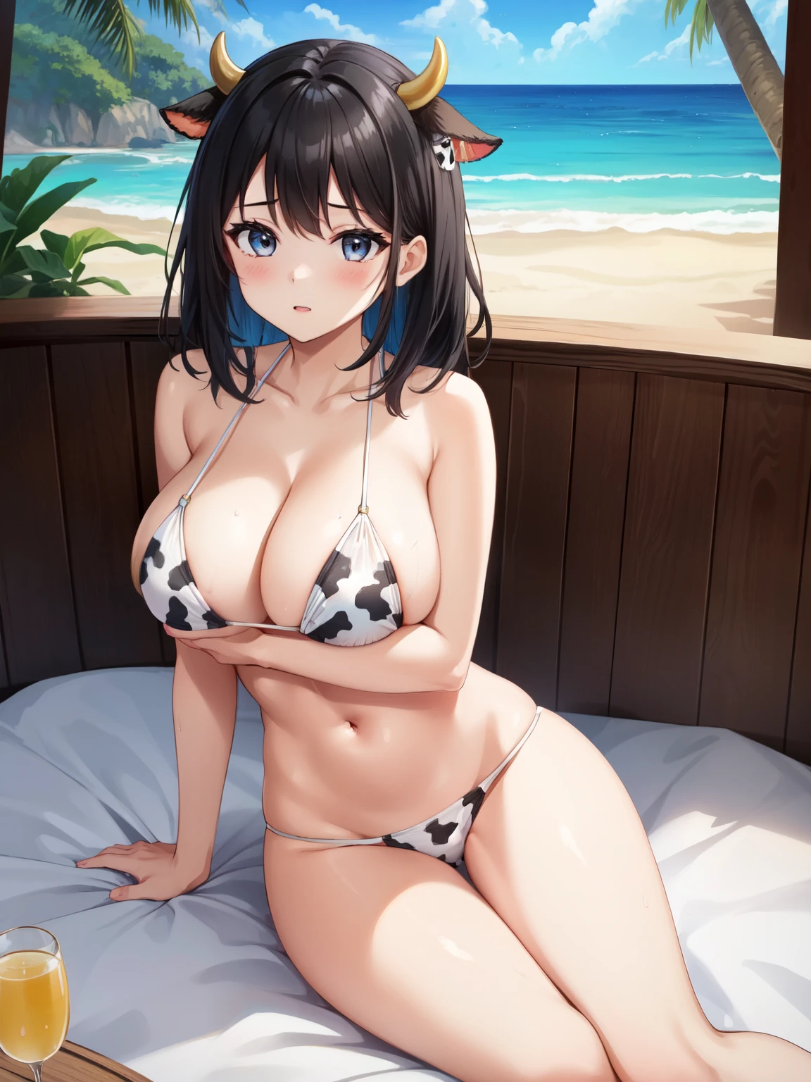 masterpiece, best quality, highres, shiny skin, 1girl, beautiful face, black hair, wavy hair, medium hair, cow ears, chubby, huge breasts, white bikini, cowprint bikini, see-through dress, beach, indoors