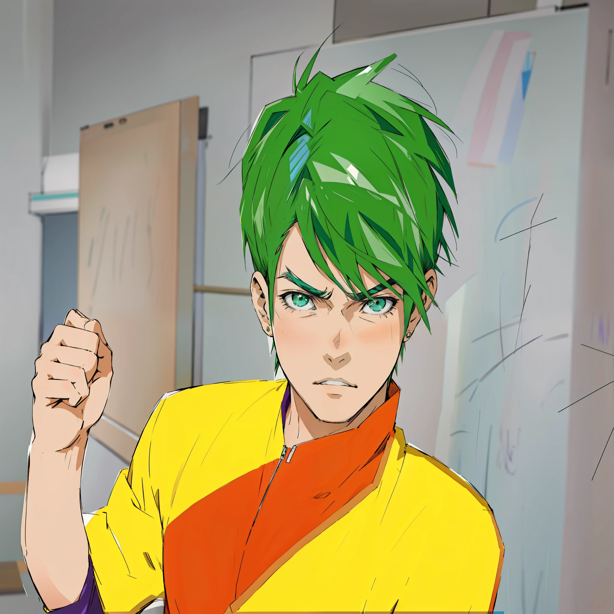 There is a drawing of a 16 year old man with green hair and a purple shirt, estilo anime jojo, tono de pantalla coloreado, mirada enojado, En estilo anime, en un estilo anime, el bromista se parece a naruto, dibujado con photoshop, Parecer enojado, en estilo manga, epic comic style, mirada enojadaing, angry and pointing, estilo anime 2d, pelo verde corto y despeinado, diferentes expresiones en la boca grita