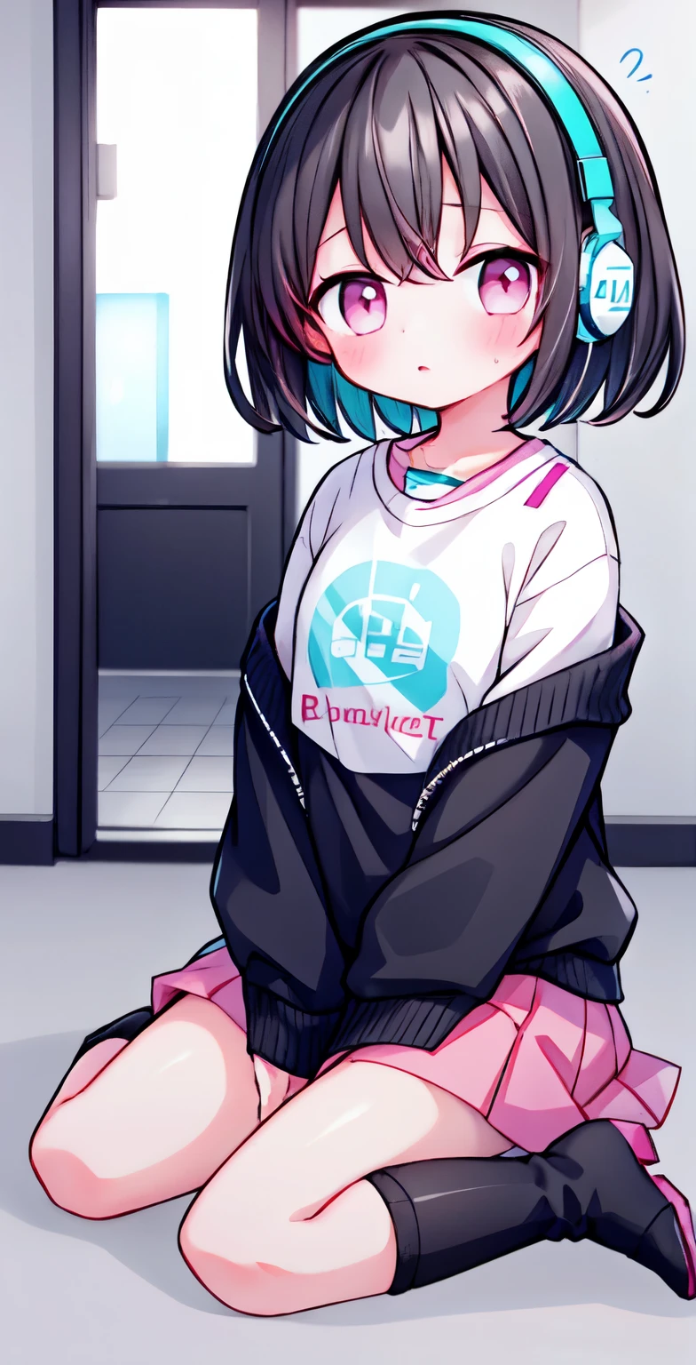 Girl with short dark hair，shy，blush，earphone，Turquoise sweatshirt，pink skirt，White knee socks，black boots，