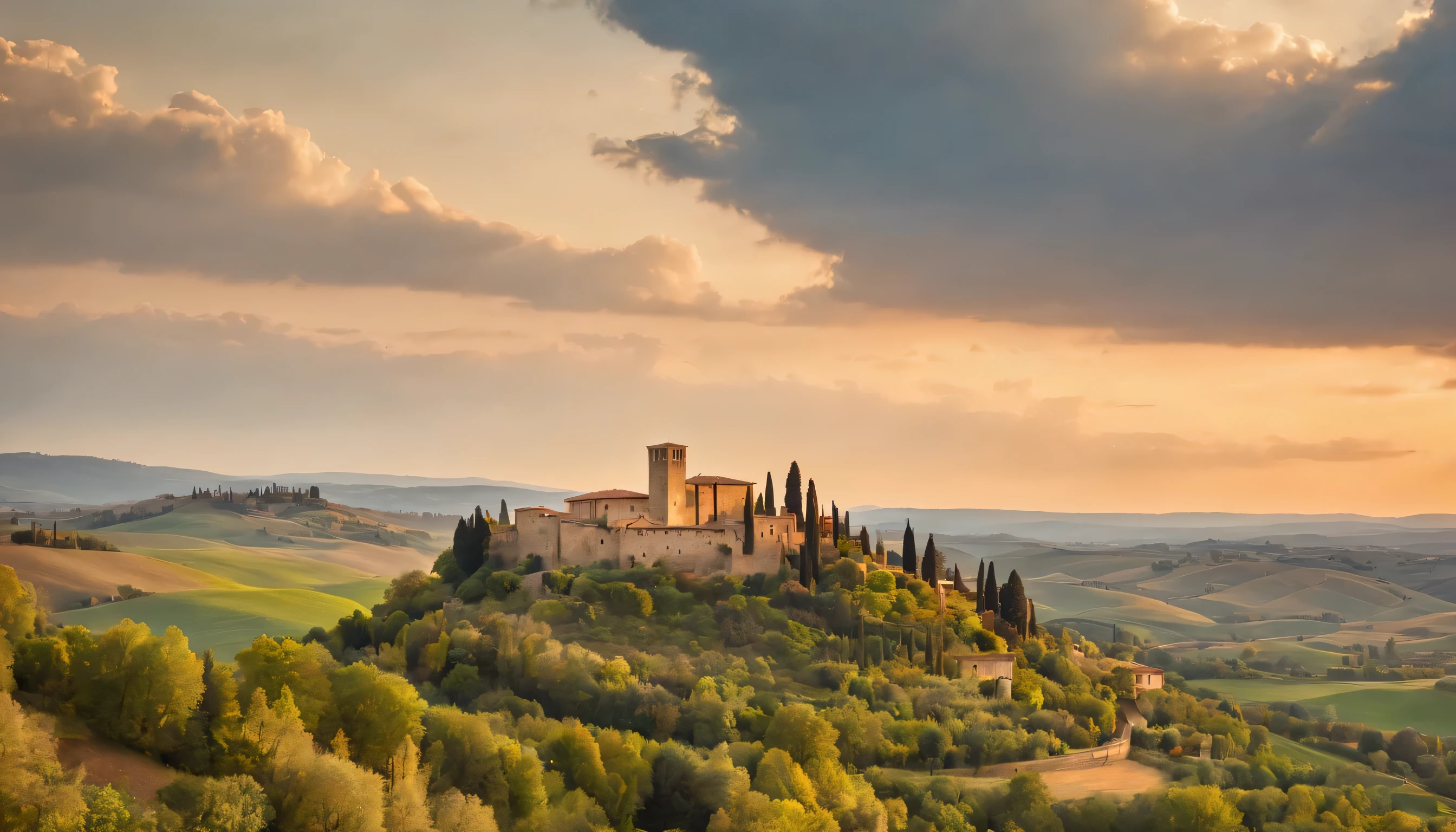 (Highly detailed CG Unity 8k wallpaper、masterpiece、highest quality、Super detailed)、(best lighting、best shadow、very delicate and beautiful)、highest quality、8k、Detailed facial depiction、masterpiece、highest quality、clear image quality、
A photo of the Tuscan hills and the San Gimignano tower taken from the train window.。