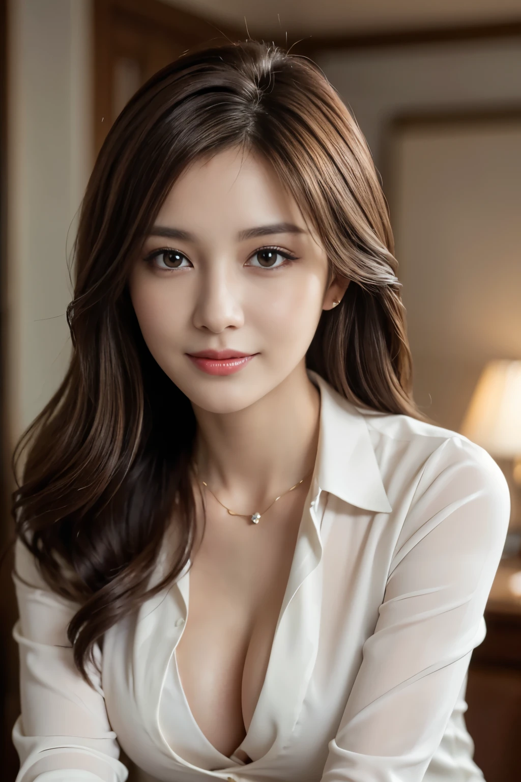table top, highest quality, realistic, Super detailed, finely, High resolution, 8k wallpaper, 1 beautiful woman,, light brown messy hair, wearing a business suit, sharp focus, perfect dynamic composition, beautiful and detailed eyes, thin hair, Detailed realistic skin texture, smile, close-up portrait, model body shape,