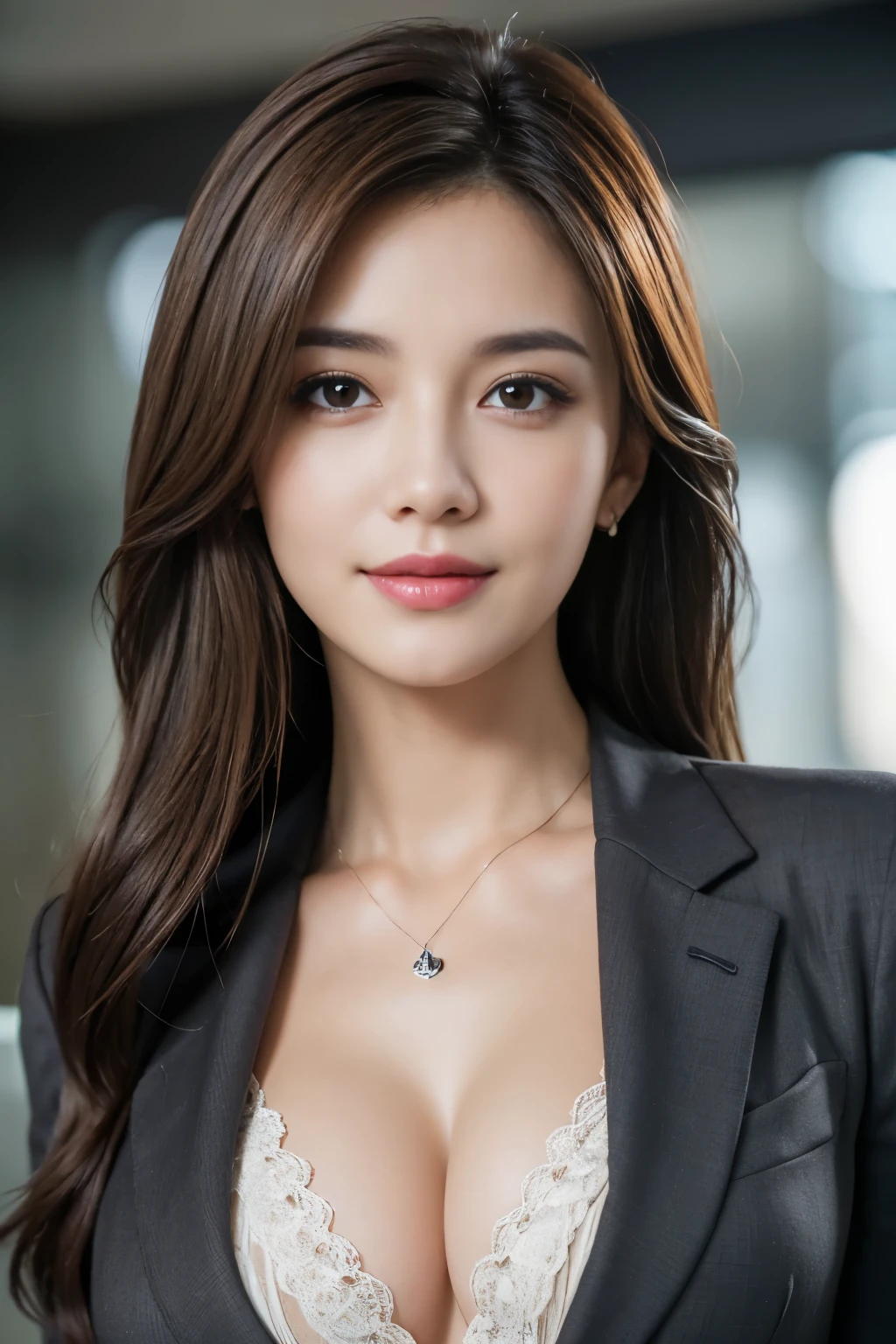 table top, highest quality, realistic, Super detailed, finely, High resolution, 8k wallpaper, 1 beautiful woman,, light brown messy hair, wearing a business suit, sharp focus, perfect dynamic composition, beautiful and detailed eyes, thin hair, Detailed realistic skin texture, smile, close-up portrait, model body shape,cleavage