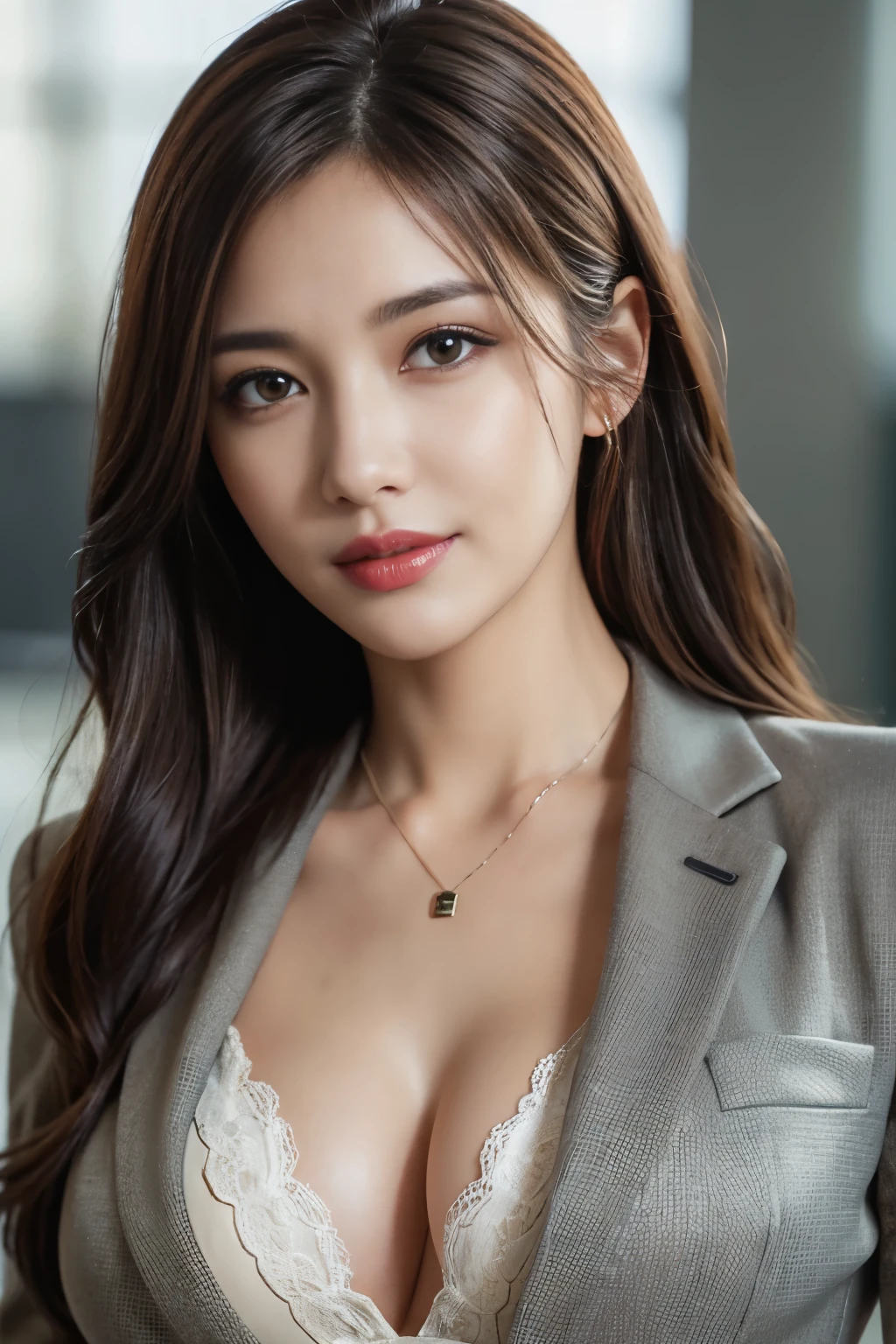 table top, highest quality, realistic, Super detailed, finely, High resolution, 8k wallpaper, 1 beautiful woman,, light brown messy hair, wearing a business suit, sharp focus, perfect dynamic composition, beautiful and detailed eyes, thin hair, Detailed realistic skin texture, smile, close-up portrait, model body shape,cleavage