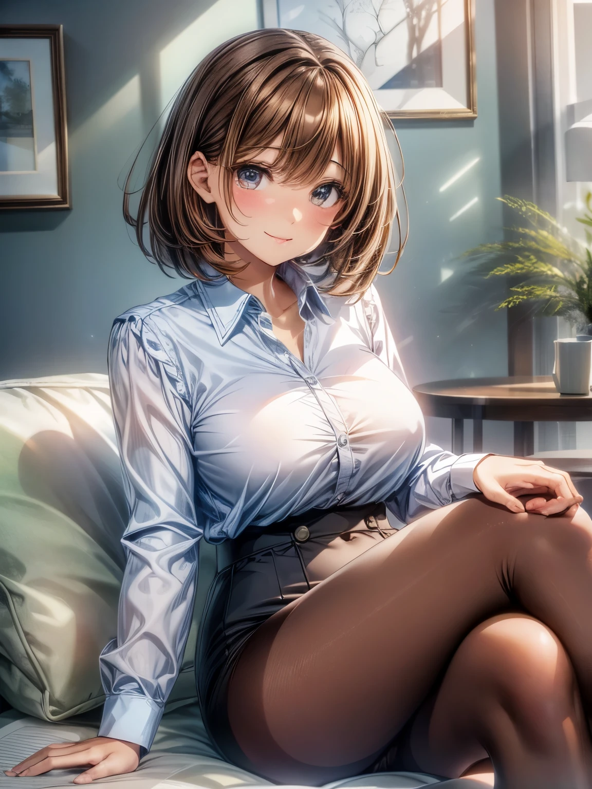 highest quality、complete limbs、Refers to the whole、1 beautiful woman、beautiful big breasted woman:1.3、Office Lady、((brown-haired woman:1.3))、Very Shorthair Woman、White Y-shirt with collar、navy blue pencil skirt、brown pantyhose、big smile、sexy pose、sit on a single sofa、sit cross-legged