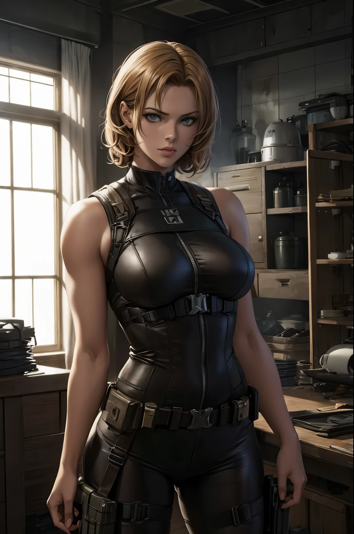 super fine illustration, ultra high resolution, masterpiece, highest quality, perfect dark skin, perfect lighting, detailed lighting, dramatic shadow, ray tracing, 1 beautiful white milf, looking at the viewer, small breasts, exposed cleavage, beautiful detailed hazel eyes, sharp face, clear eyes, long bang, ((medium curly blond hair:1.2)), ((post-apocalyptic fiction)), ((desert:1.2)), Upper body, battle suit, military harness, Alice Abernathy - Resident Evil Series, Milla Jovovich,