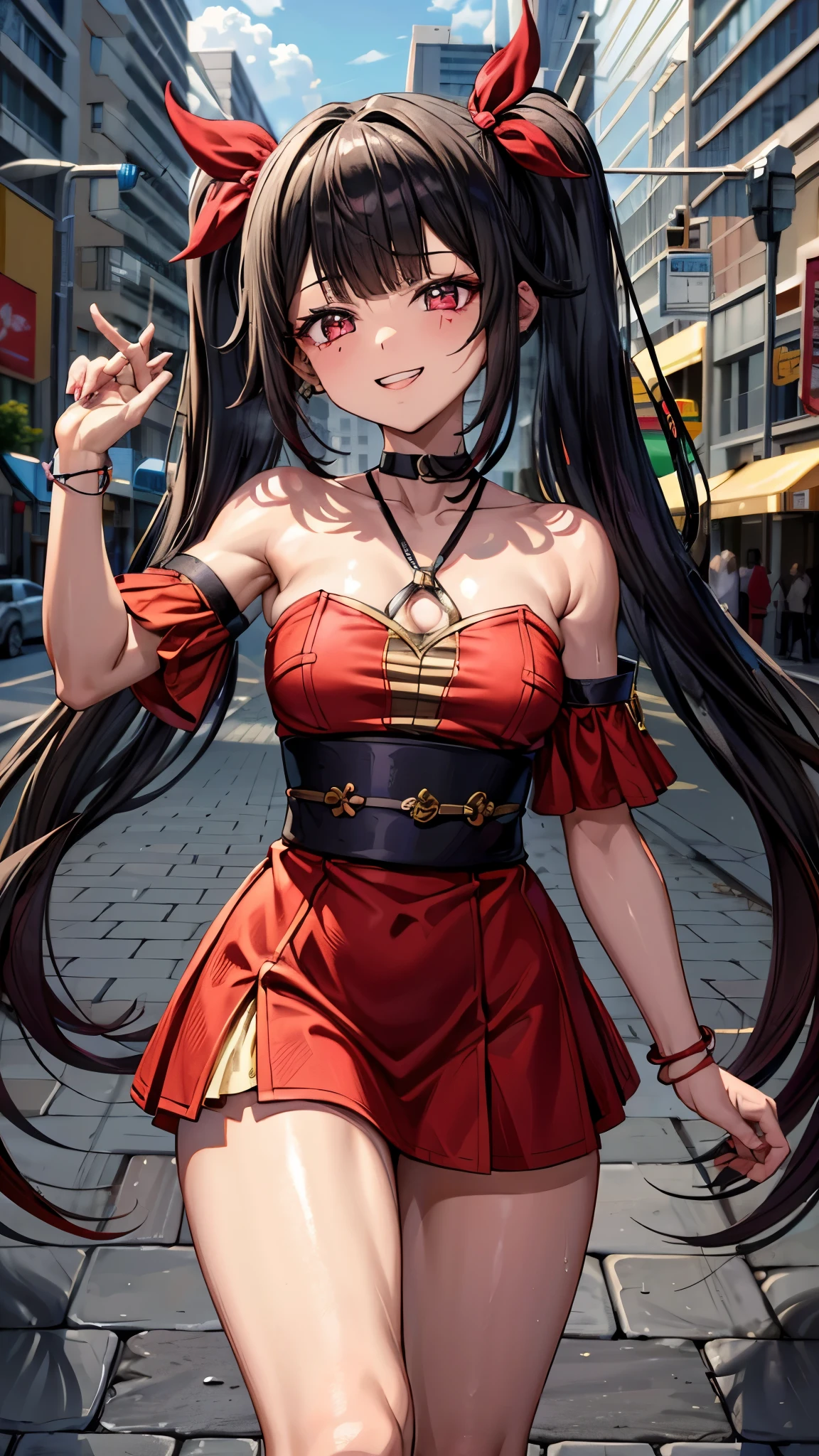 
tipo: Arte Digital Estilo: Estilo Anime Cor: Predominantemente vermelho com contrastes de preto e branco, Cor dos olhos: vermelho carmesim brilhante, com reflexos luminosos. Cor do cabelo Preto com mechas vermelhas, PENTEADO: Longo com twintails, adornado com o tradicional enfeite de cabelo vermelho e dourado, (((mischievous and playful smile with a touch of mischief))), muscular and sadistic legs, (((cena de praia))), standing, (foto de corpo inteiro), unhas bem cuidadas, unhas vermelhas, ((usando um biquini muito curto e sexy))