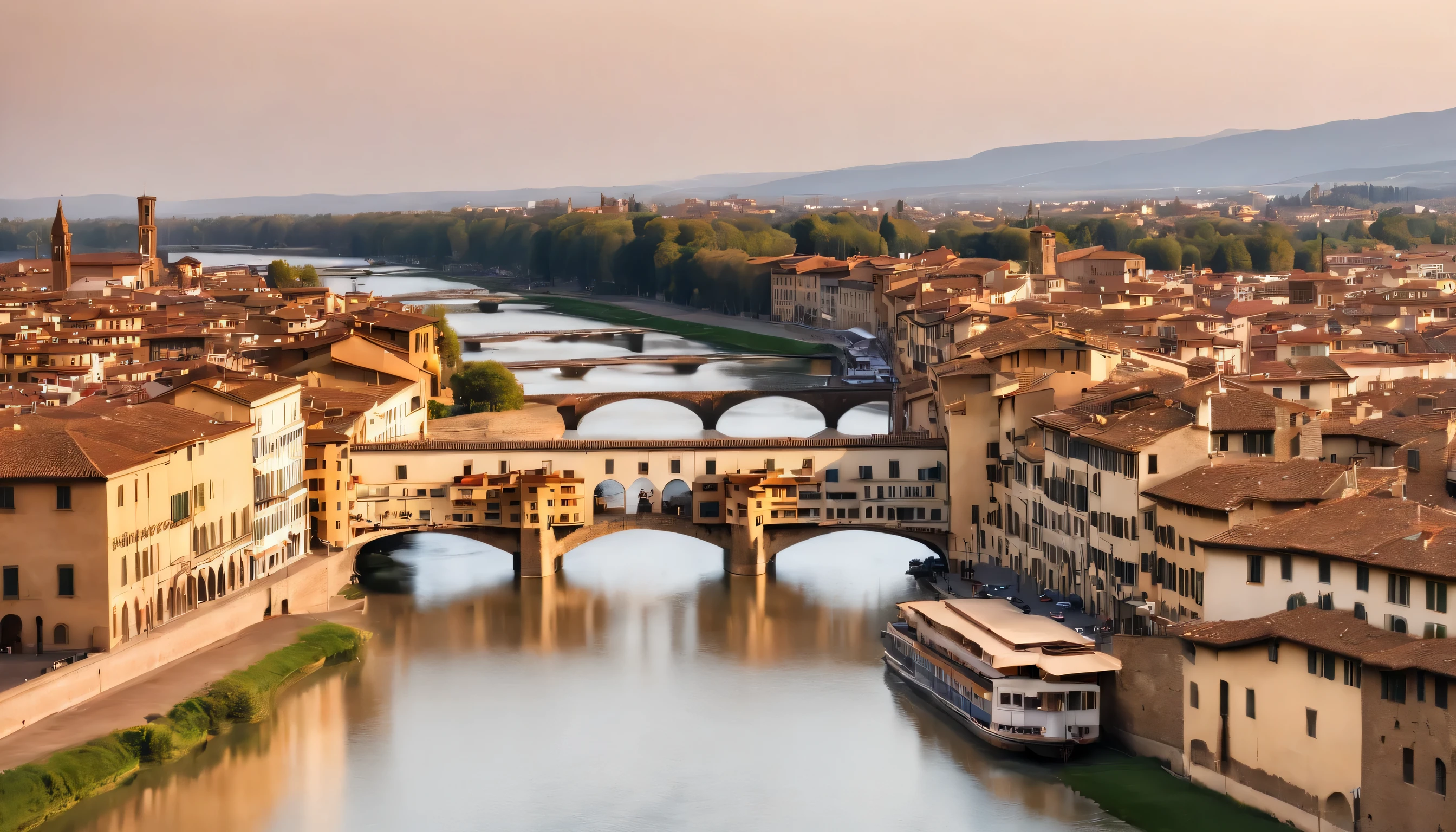 (Highly detailed CG Unity 8k wallpaper、masterpiece、highest quality、Super detailed)、(best lighting、best shadow、very delicate and beautiful)、highest quality、8k、Detailed facial depiction、masterpiece、highest quality、clear image quality、
A photo of the beautiful cityscape of Florence and the Arno River seen from the train window。