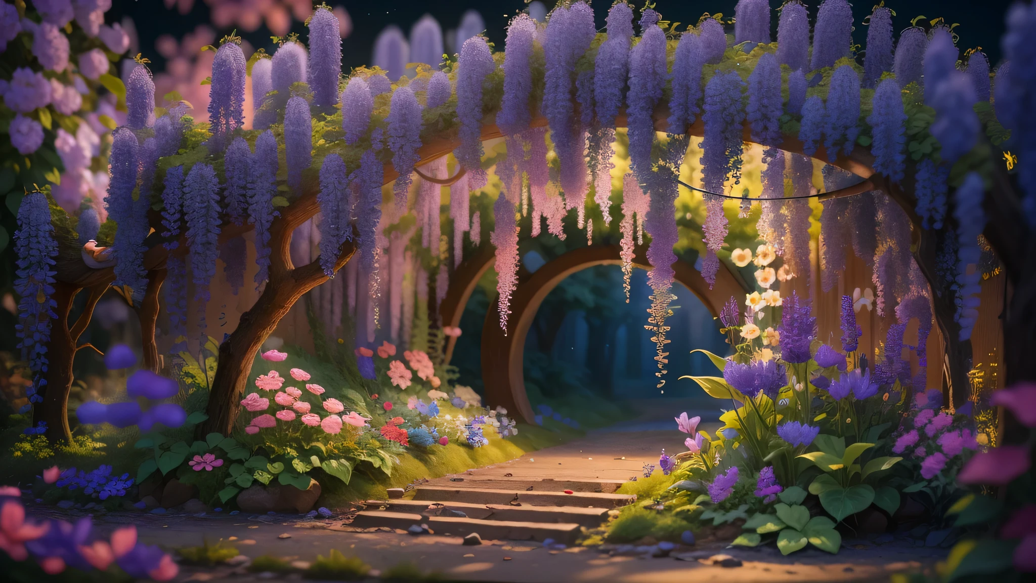 Magic garden miniature scene, Delicate flowers and branches illuminated by soft light,, Illuminated by happy smiling miniatures. 8K Autorealist,wisteria flowers
