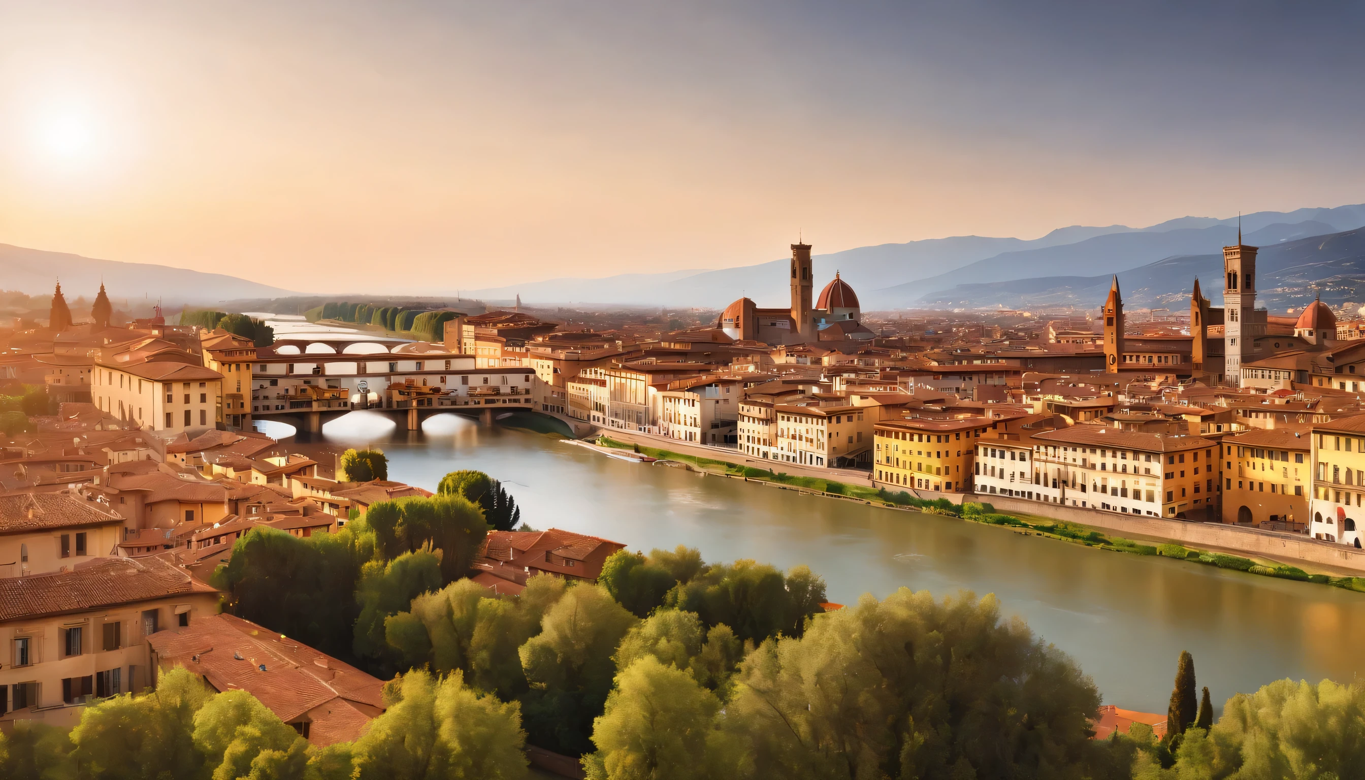 (Highly detailed CG Unity 8k wallpaper、masterpiece、highest quality、Super detailed)、(best lighting、best shadow、very delicate and beautiful)、highest quality、8k、Detailed facial depiction、masterpiece、highest quality、clear image quality、
A photo of the beautiful cityscape of Florence and the Arno River seen from the train window。