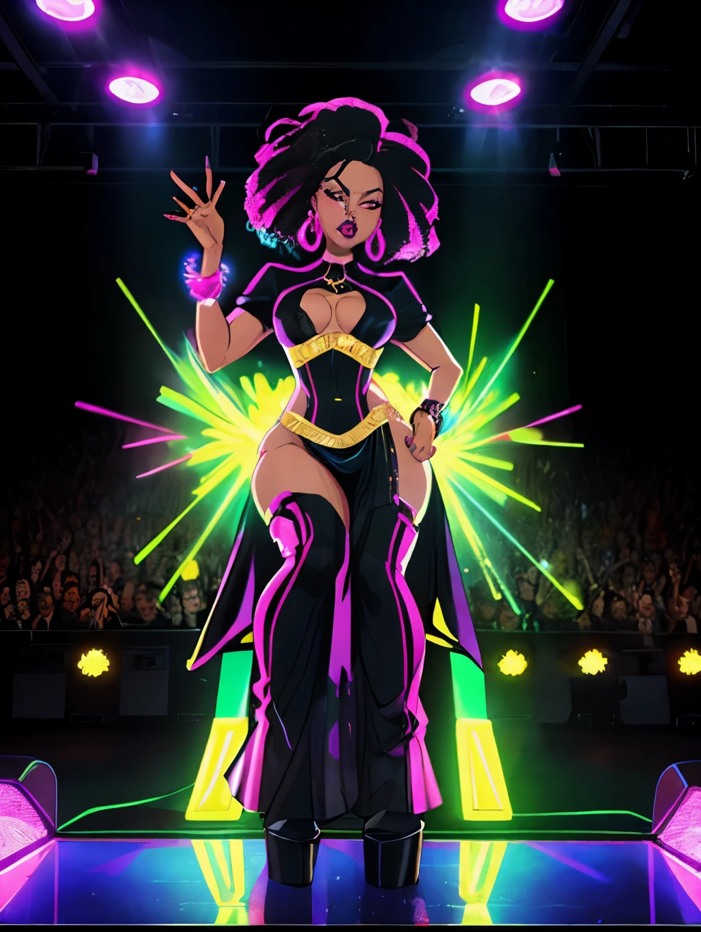 african american,elegant,bold,confident,beautiful,long hair,curves:1.1,detailed eyes,full lips:1.1),glamorous,high fashion,stylish,striking poses,fierce attitude,(vibrant colors,hot pink:1.1,neon lights:1.1),dramatic shadows,edgy makeup,stage presence,(professional,studio lighting:1.1,ultra-detailed:1.1),dynamic composition,strong facial expressions,showstopping,celebrity vibes,sexy attire,attention-grabbing,empowered,energetic movements,music video vibes,queen-like aura, wearing t-shirt that says "Brat" on it