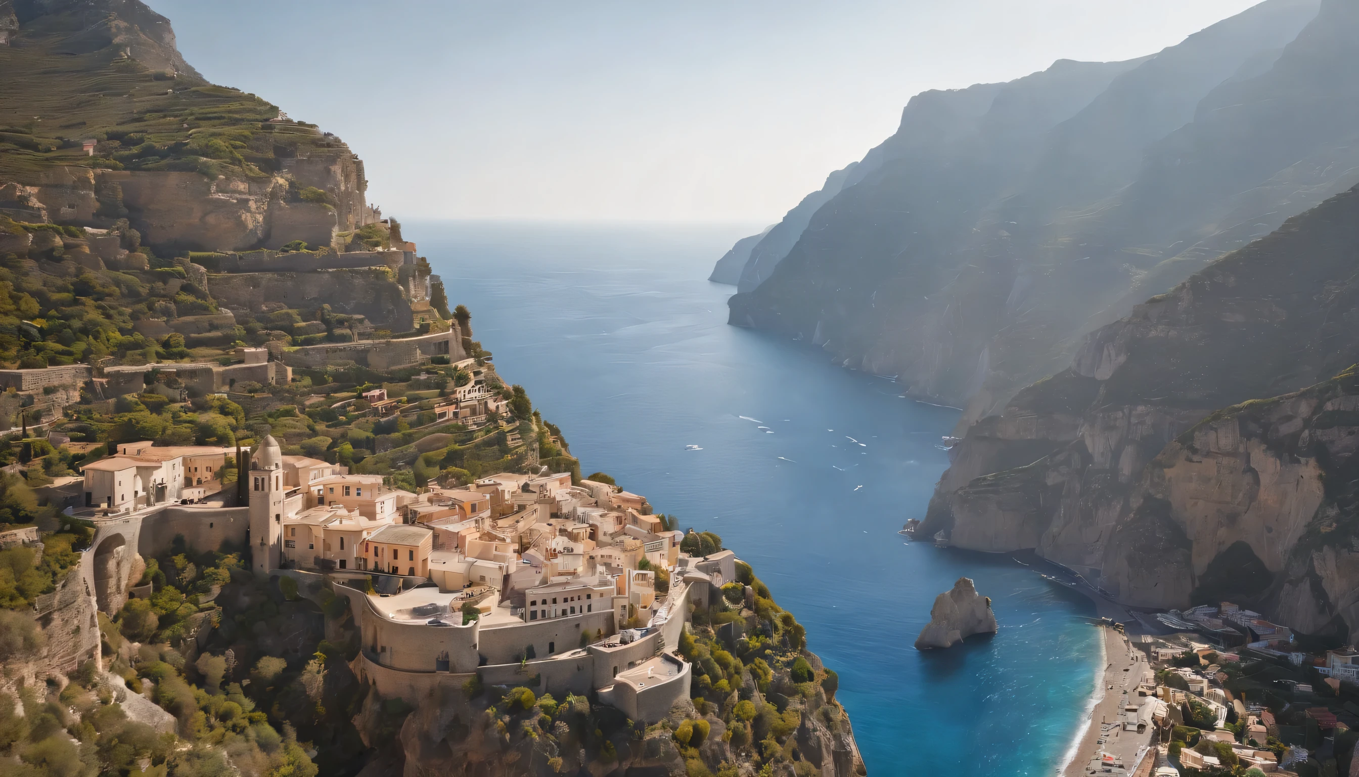 (Highly detailed CG Unity 8k wallpaper、masterpiece、highest quality、Super detailed)、(best lighting、best shadow、very delicate and beautiful)、highest quality、8k、Detailed facial depiction、masterpiece、highest quality、clear image quality、
A picture taken from the train window of the cliffs of the Amalfi Coast and the rocky mountains of Limone.。