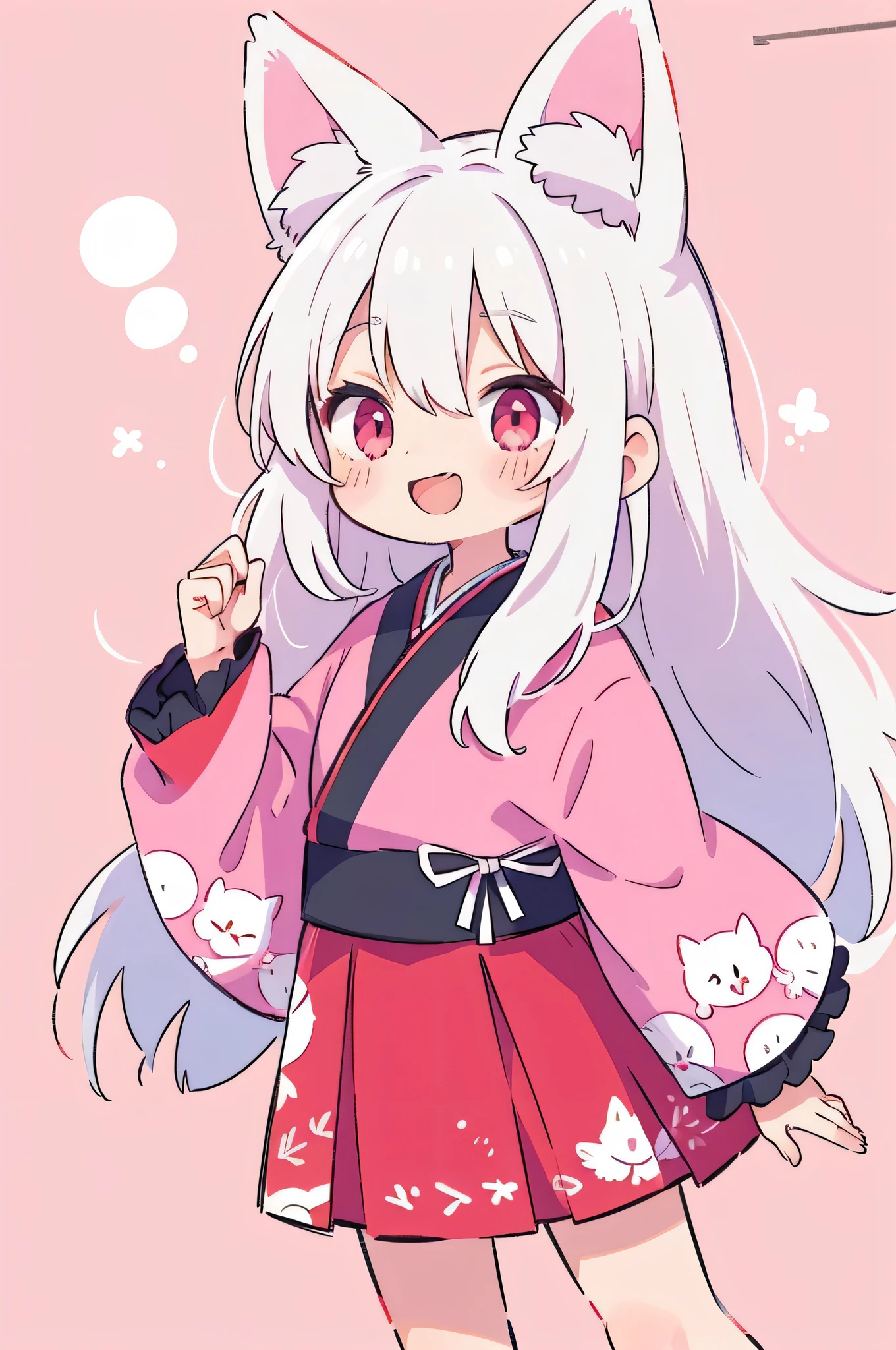 Yuka China,1 girl in,Virtual YouTuber,animal ears,Komono,alone,long hair,animal ear hair,skirt,shrine girl,Apart from,Bow sleeves,Ribbon decoration,very long hair,Bangs,Smile,Apart from skirt,kimono,wide sleeves,long sleeves,Pink background,白色kimono,Sleeves extend beyond wrist,open mouth,raise arms,Red Apart from,hair between eyes,:d,Cat ears,blush,white hair,red eyes,duotone background,pink eyes,pink hair,look up,