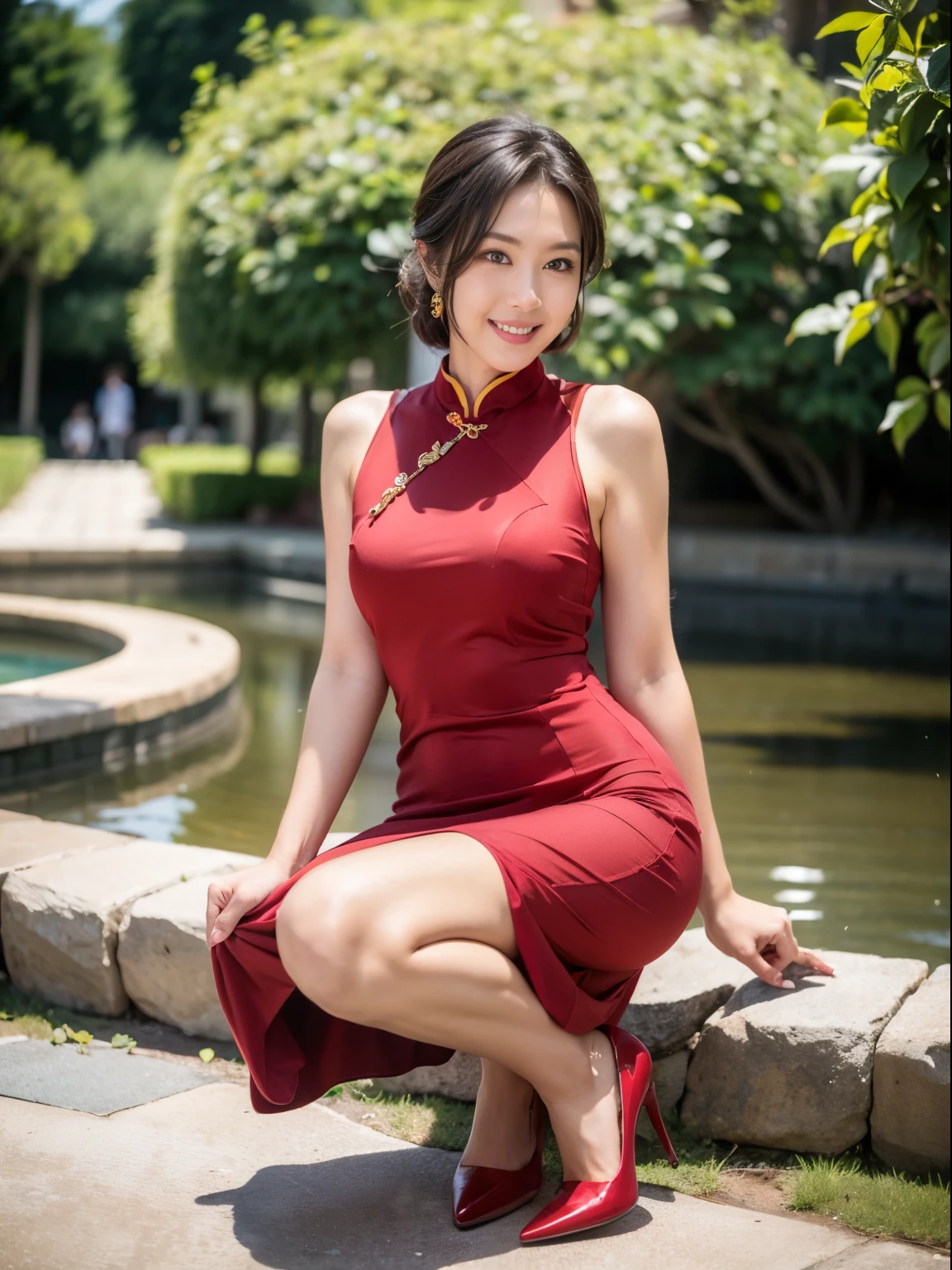 (RAW photo:1.2), (realistic:1.4),beautiful detailed woman,非常にdetailed eyesと顔, detailed eyes, super detailed,High resolution, very detailed,best quality,enlightenment,unified,8k wallpaper,master piece,best quality,1 woman,alone,rich,full body esbian,A little chubby body type,Toned figure,There's meat on the legs,slim waist,alone,long cheongsam dress,Temperament cheongsam,high heels,jewelry necklace,coiled hair,gentle smile,dignified atmosphere,black eye,Realistic,Suzhou Garden