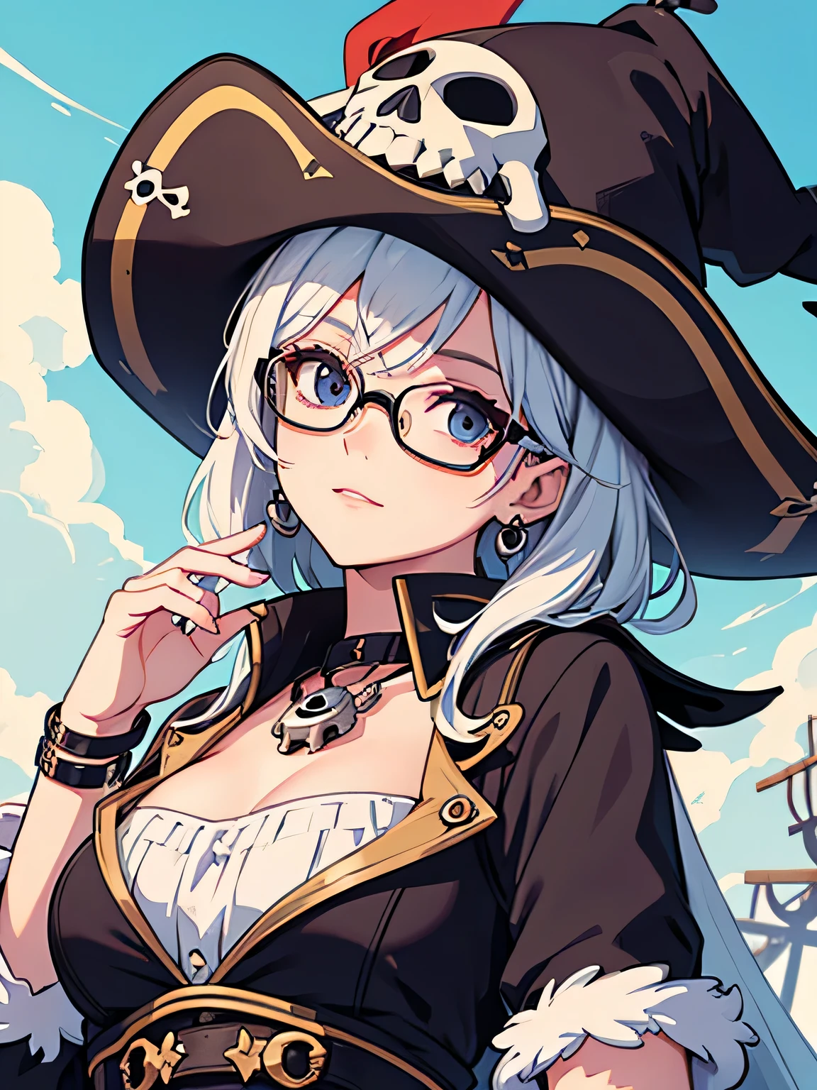 stylish design, cute lovely pirate skull, focus on the face, stylish glasses, Fashionable hats, beautiful flower, highest quality