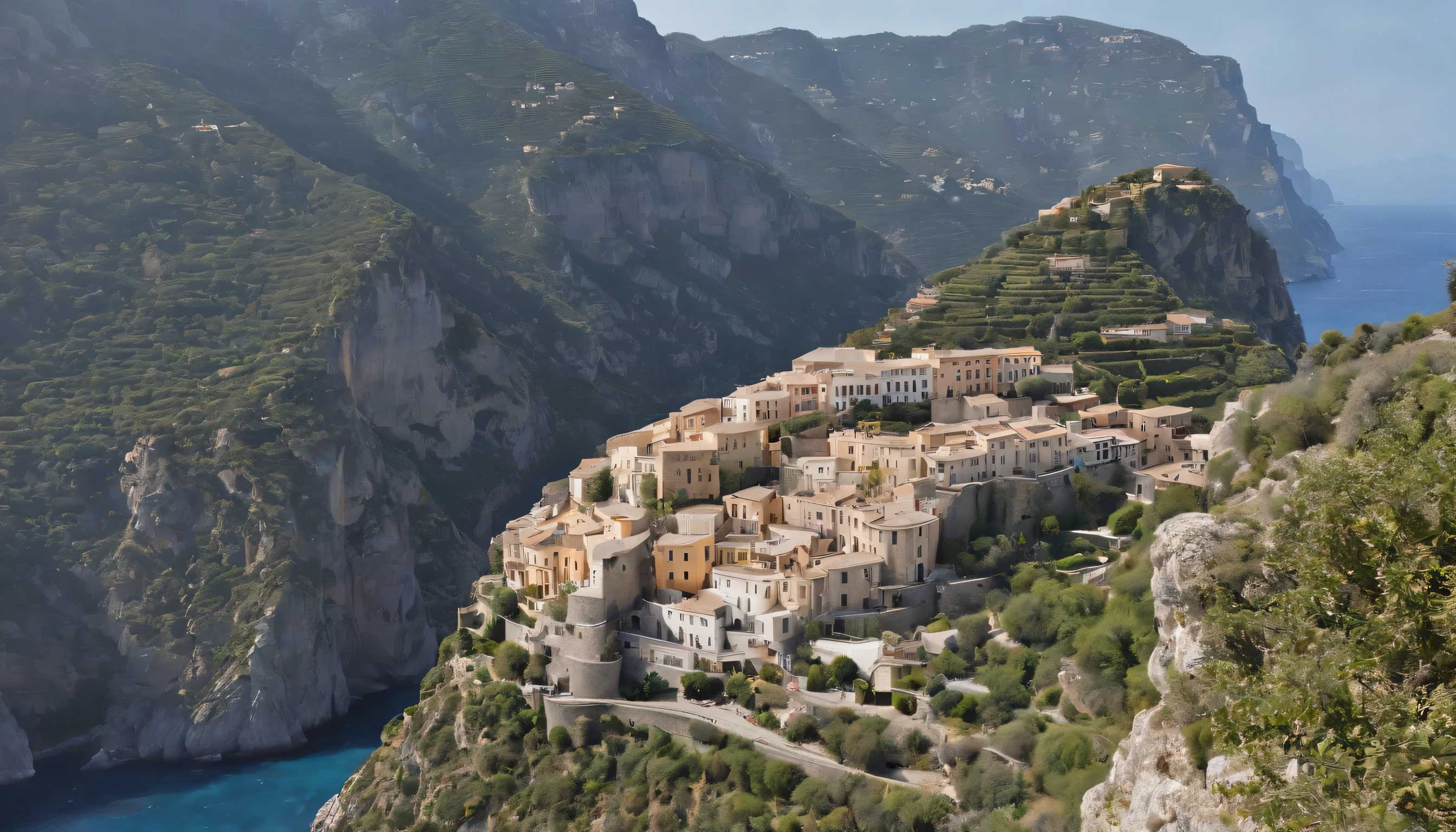 (Highly detailed CG Unity 8k wallpaper、masterpiece、highest quality、Super detailed)、(best lighting、best shadow、very delicate and beautiful)、highest quality、8k、Detailed facial depiction、masterpiece、highest quality、clear image quality、
A picture taken from the train window of the cliffs of the Amalfi Coast and the rocky mountains of Limone.。