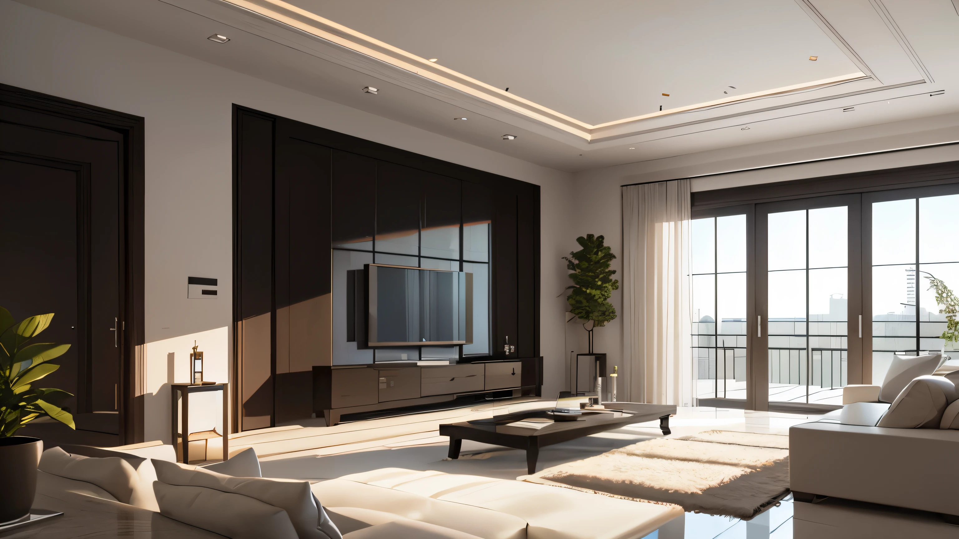 you are a famous interior designer、I was asked to create a 3D image of a large modern room.。. Create a harmonious environment with modern and minimalist furniture. Including garden interior.