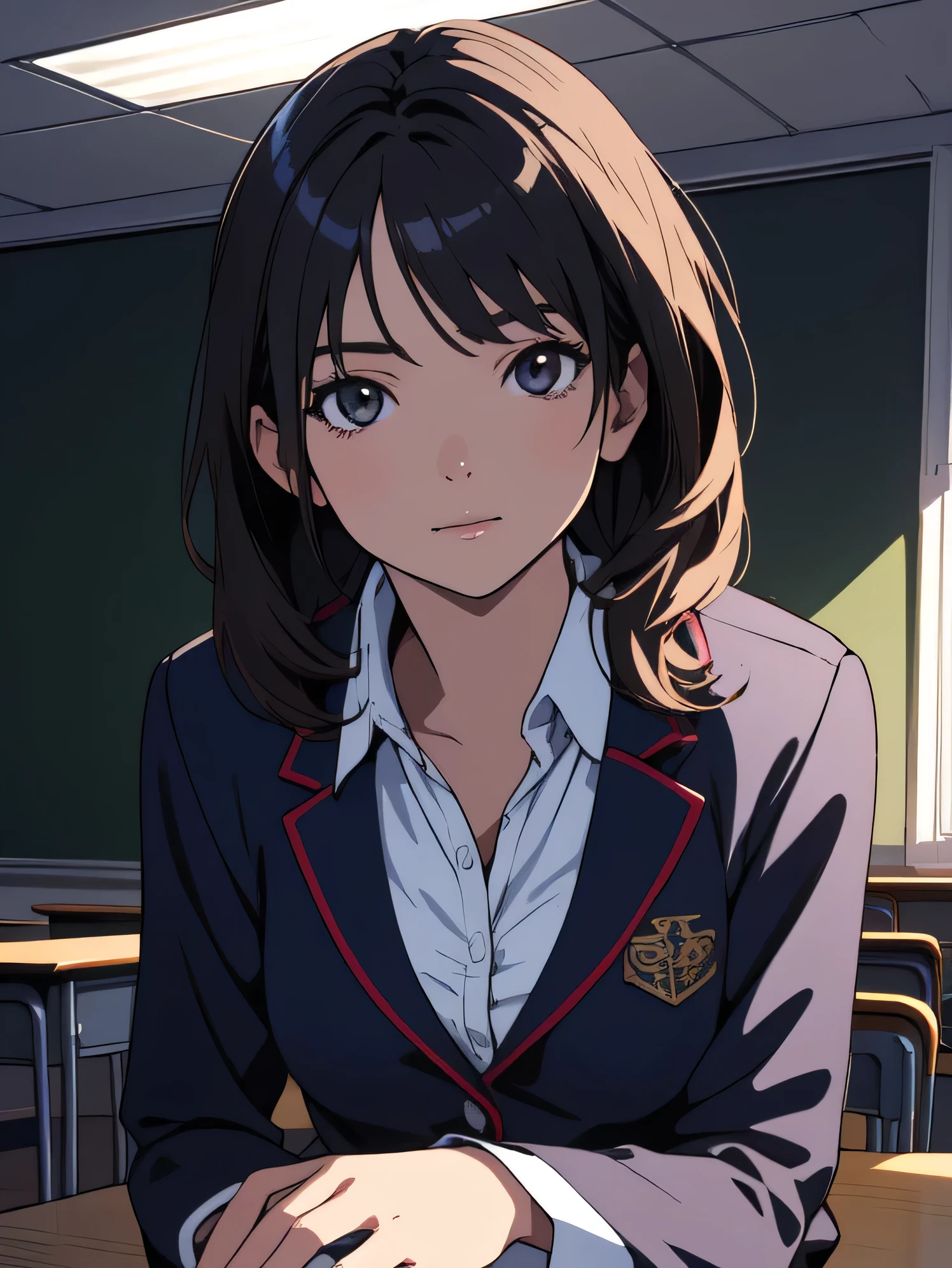 25 year old female, mature woman, ((In the classroom)), ((school uniform)), RAW photo, (photorealistic: 1.37, realistic), High-definition unified CG 8K wallpaper, 1 girl, (((perfect body: 1.1)), (medium breasts: 1.2), looking at the viewer, (((straight from the front)))), (headquarters skin:1.2, shiny skin), 8k UHD, Digital single-lens reflex camera, soft lighting, high quality, film grain, Fujifilm XT3, ((whole body: 0.8)), (professional lighting:1.4) ,anime