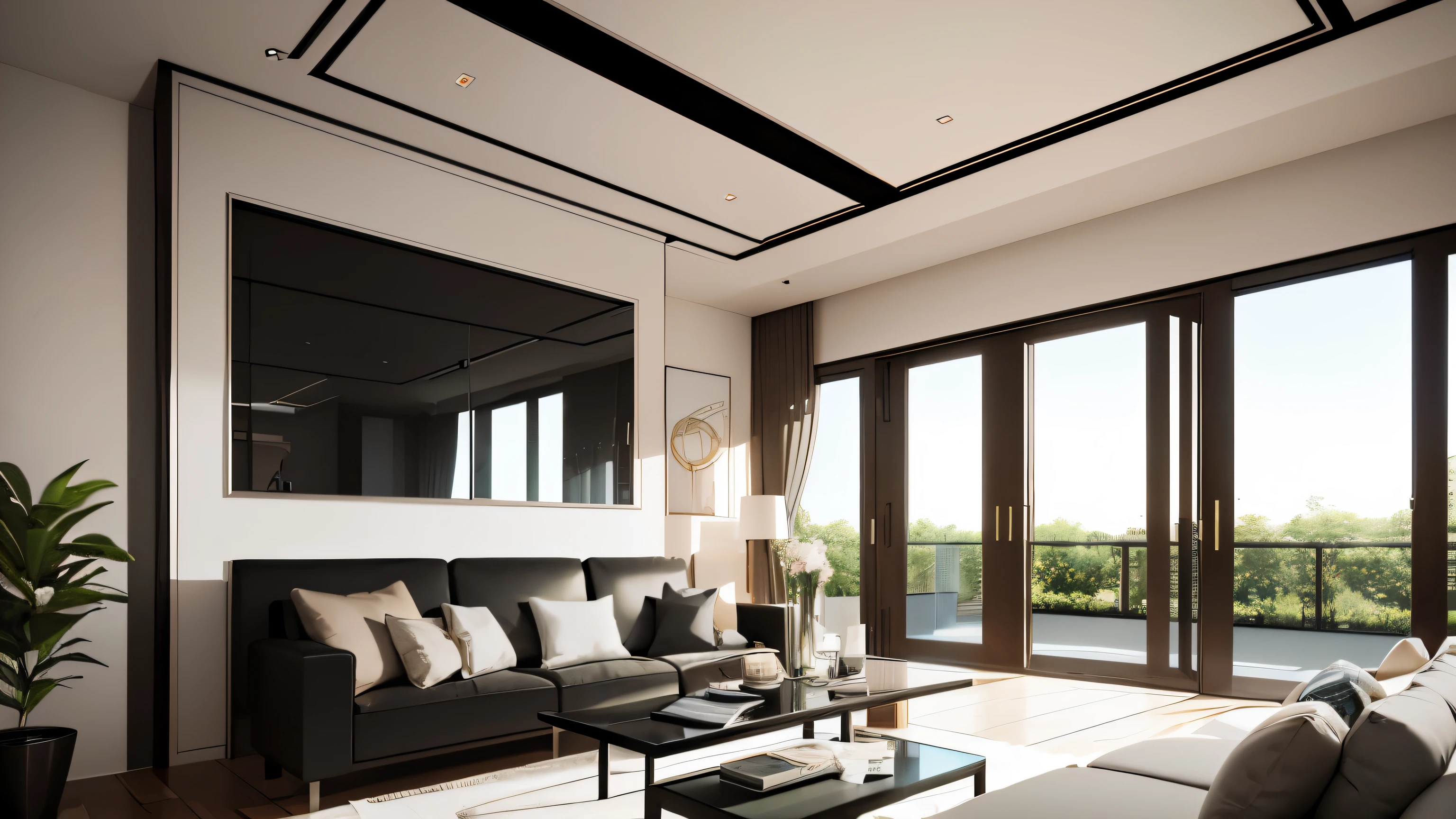 you are a famous interior designer、I was asked to create a 3D image of a large modern room.。. Create a harmonious environment with modern and minimalist furniture. Including garden interior.