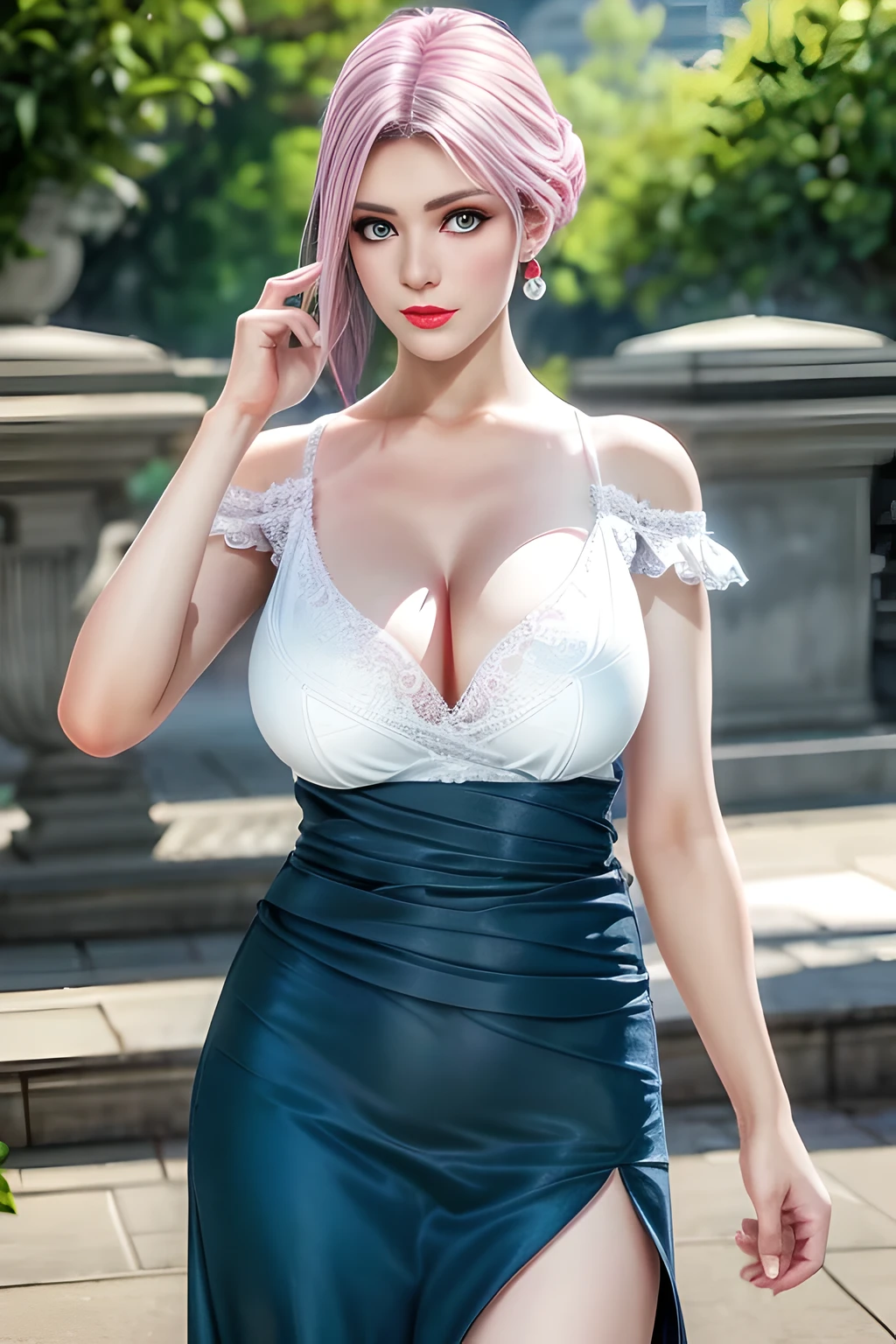 1 girl,Alice,(white luxury dress:1.4), jewelry,Outdoor activities,  (standing posture),grace,(((red lips))), Lips slightly open,  clavicle,Lactation,(huge breasts:1.3),skin shiny,((8k, original photo, top quality, masterpiece), HD RAW color photos professional close-up photos, (actual, photorealism: 1.37), (best quality),8k,Fabric luster,alone,