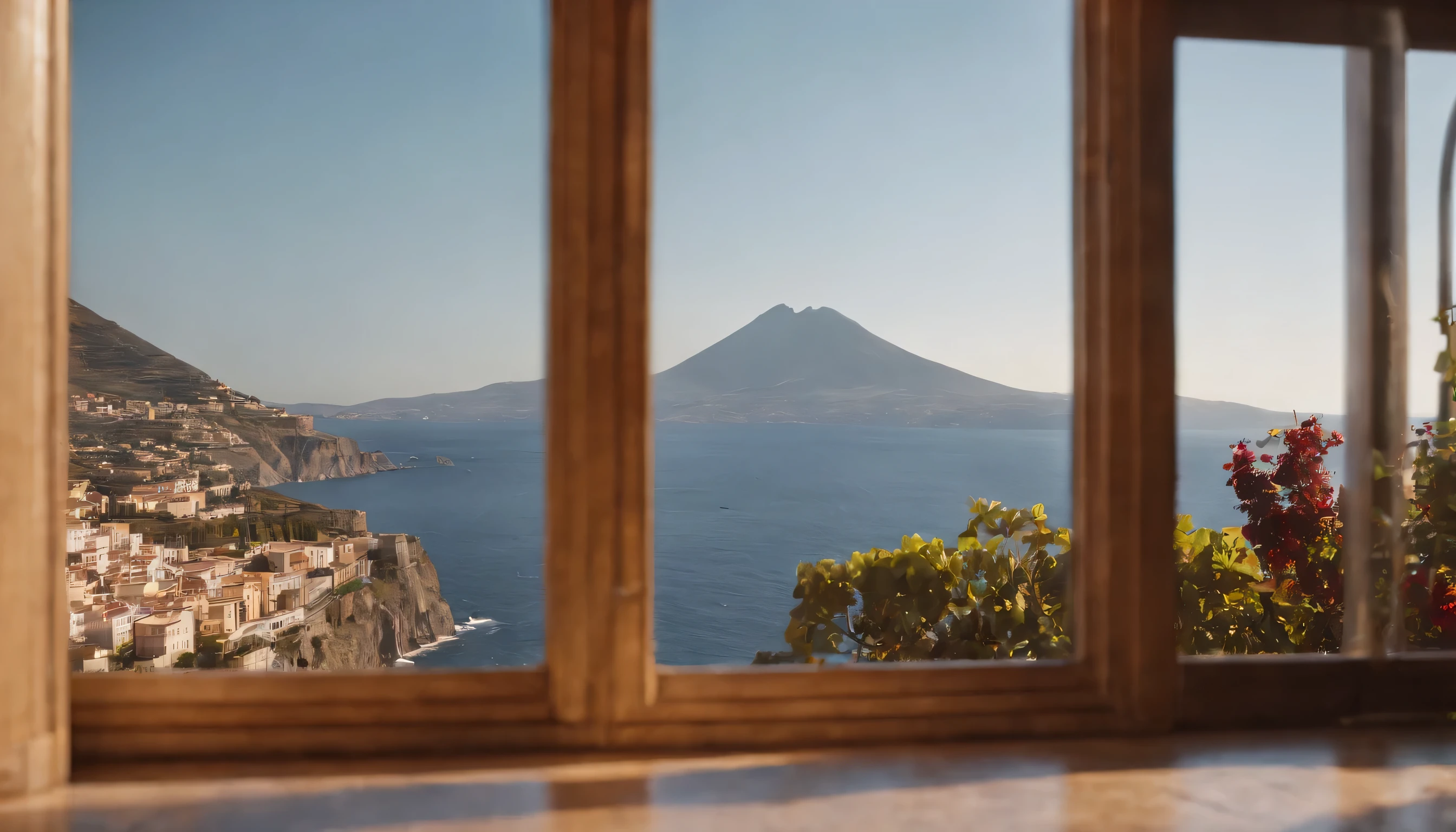 (Highly detailed CG Unity 8k wallpaper、masterpiece、highest quality、Super detailed)、(best lighting、best shadow、very delicate and beautiful)、highest quality、8k、Detailed facial depiction、masterpiece、highest quality、clear image quality、
View of the Bay of Naples and Mount Vesuvius from the train window。
