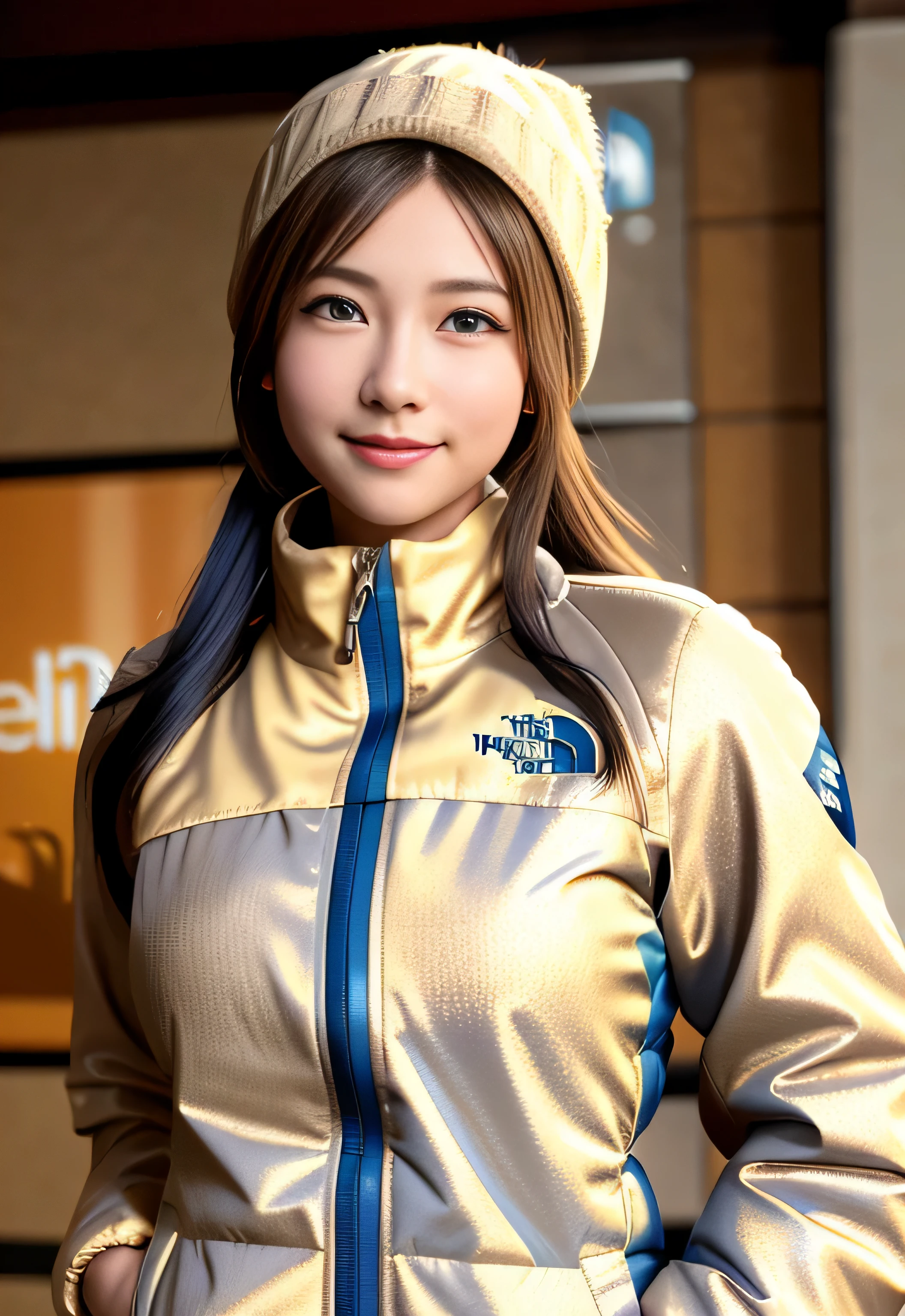8k, highest quality, table top:1.2), (realistic, Photoreal:1.37), highest quality, table top, beautiful young woman, Japanese, 15 years old, blue eyes, smile, Charm、and an inviting look、big breasts, ((north face beige down jacket:1.4)), knit hat、braided twin tails, cinematic background, bright skin tone、night city background