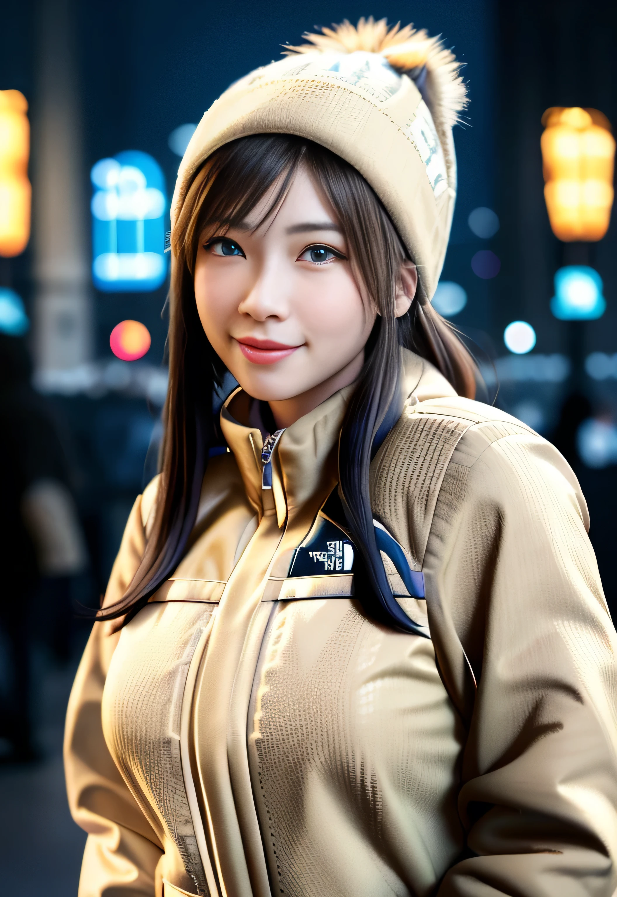 8k, highest quality, table top:1.2), (realistic, Photoreal:1.37), highest quality, table top, beautiful young woman, Japanese, 15 years old, blue eyes, smile, Charm、and an inviting look、big breasts, ((north face beige down jacket:1.4)), knit hat、braided twin tails, cinematic background, bright skin tone、night city background