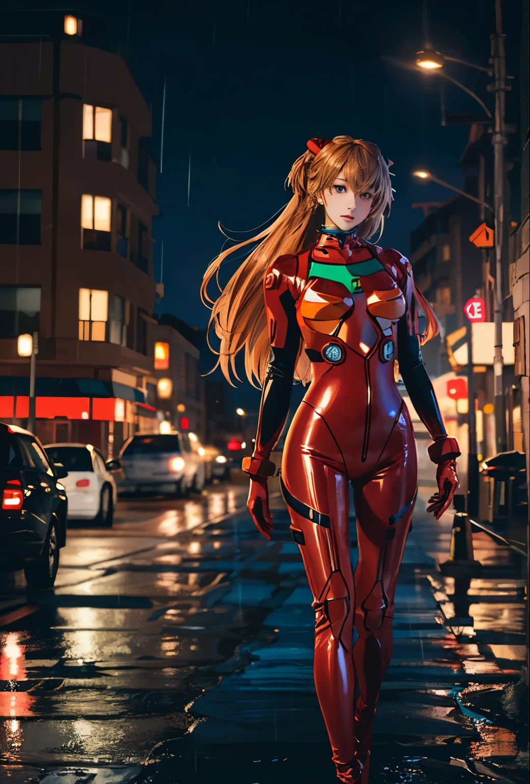 highest quality, kusubero redhead, master part, realistic, realistic, 1 girl, alone, view viewer, whole body, Are standing, long hair, asuka fantasy, , plug suit, body suit, hair ornaments, detailed background, in the street, night, light, rain,
