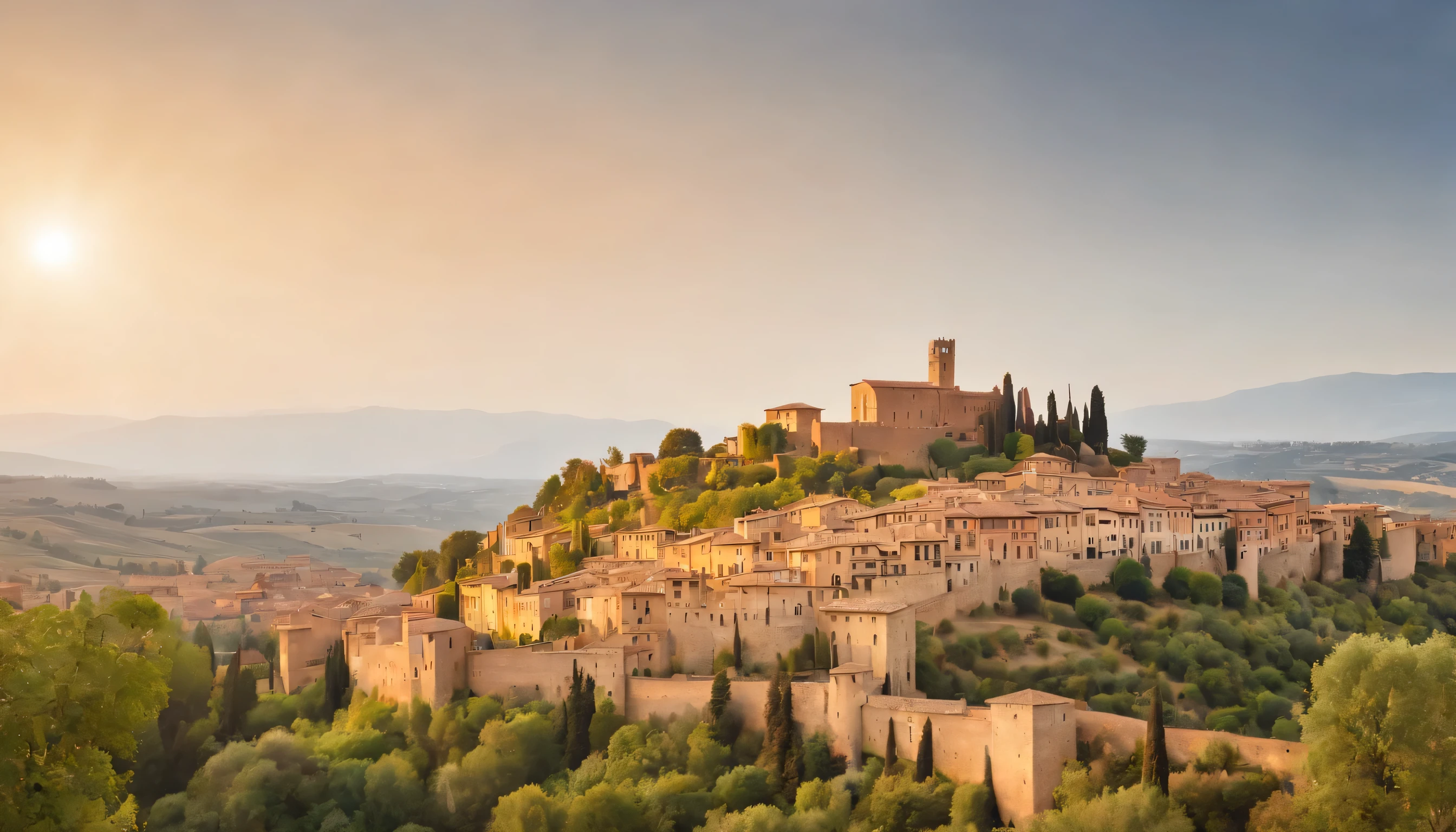 (Highly detailed CG Unity 8k wallpaper、masterpiece、highest quality、Super detailed)、(best lighting、best shadow、very delicate and beautiful)、highest quality、8k、Detailed facial depiction、masterpiece、highest quality、clear image quality、
A photo of the city of Siena and Pantalei Castle taken from the train window。